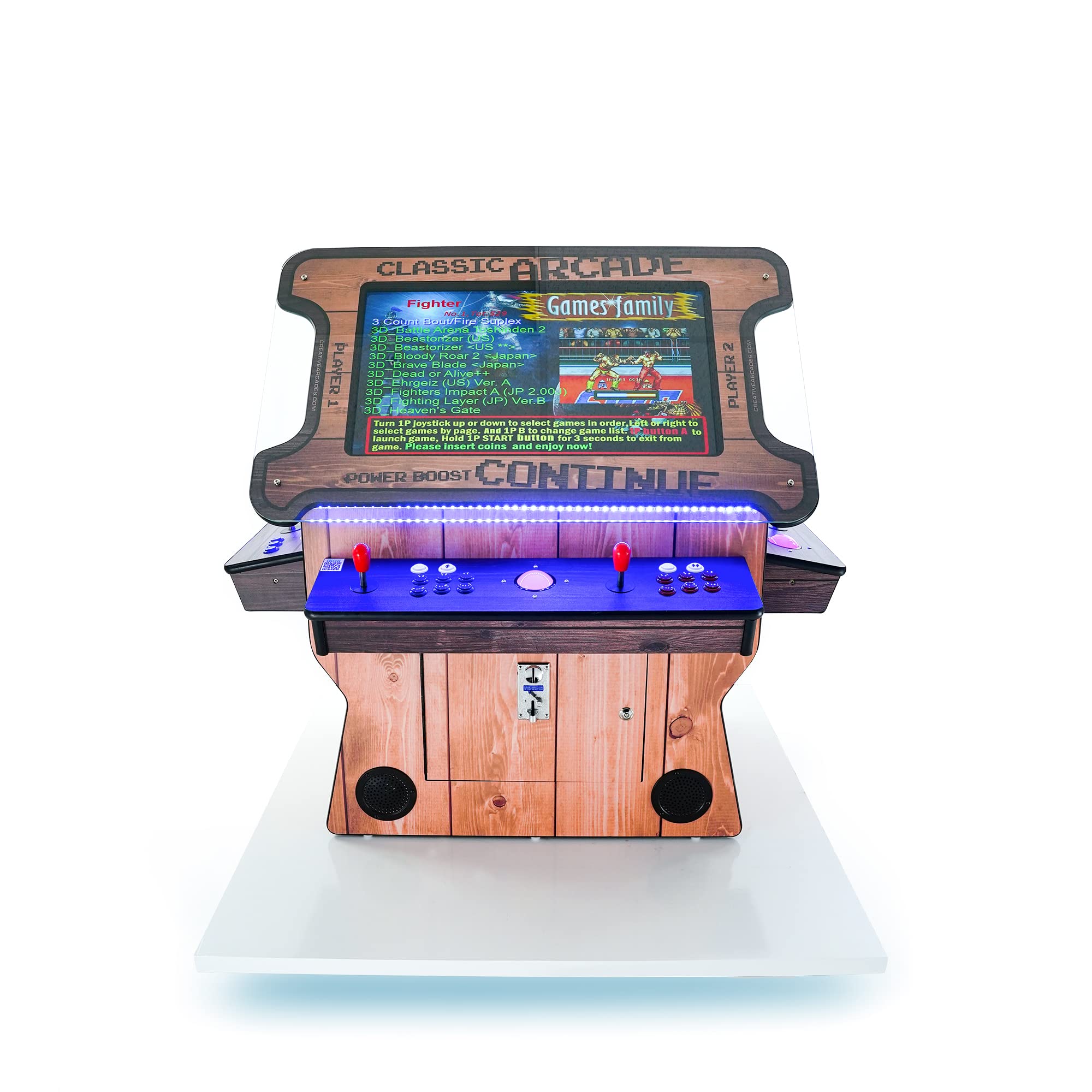 Creative Arcades Full Size Commercial Grade Cocktail Arcade Machine w/Lifting Screen | Trackball | Three-Sided | 4 Sanwa Joysticks | 2 Stools (4500 Games & 32" Screen & Woodgrain Edition)