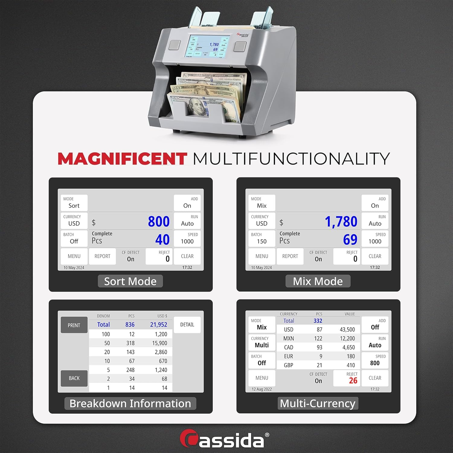 Cassida 9900R V2 2-Pocket Premium Bank Grade Money Counter Machine Mixed Denomination, Bill Sorter, Value Counting, Printer Enabled, 2 CIS, UV/MG, IR/IT Counterfeit Detection with Built-in Printer