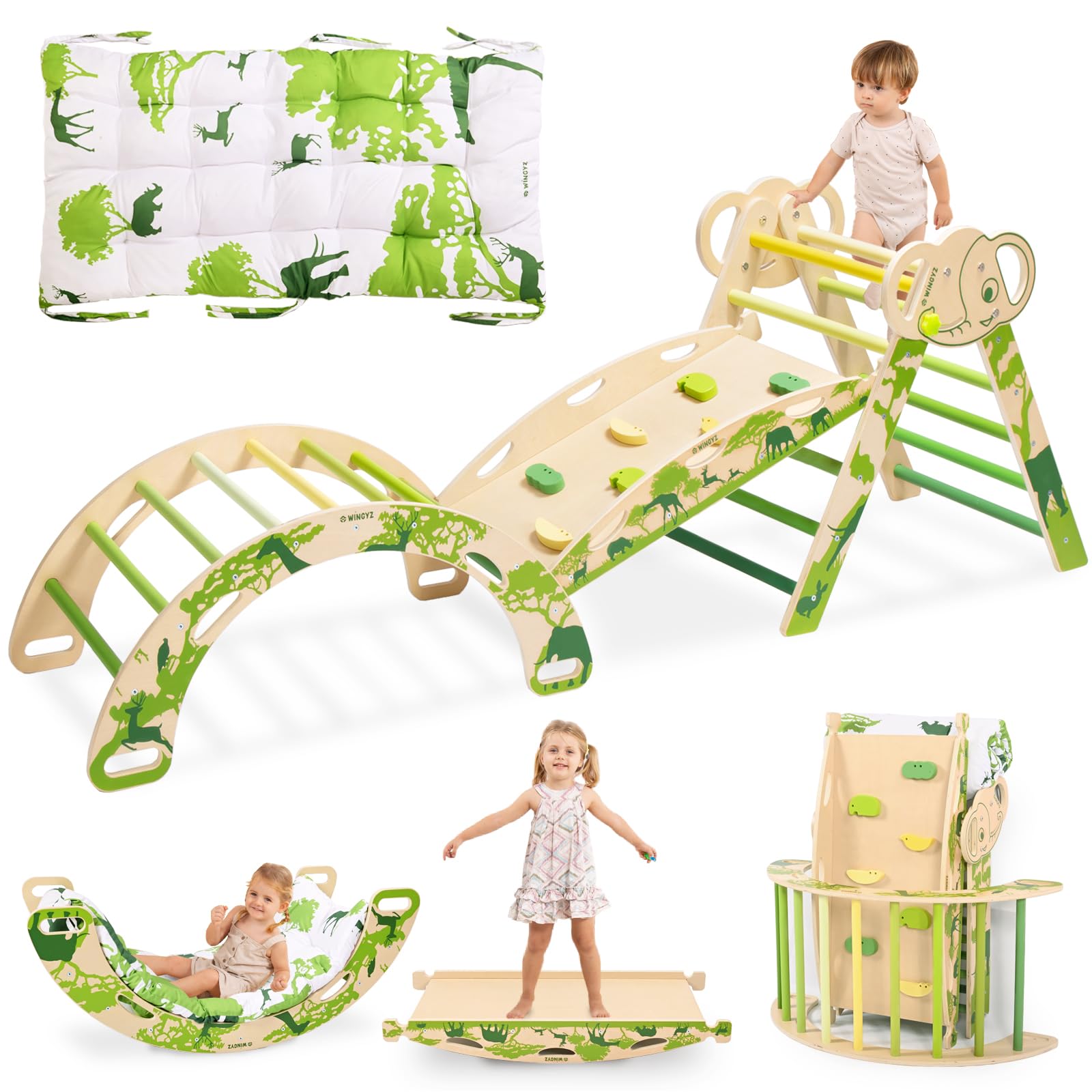 WINGYZ Pikler Triangle Set, Montessori Foldable 8-in-1 Jungle Gym & Reversible Animal Slide, Patent-Protected Climbing Set, Safe 2.35" Gap ASTM F963 Standards for Toddlers 18 Months-5 Years (Rainbow)