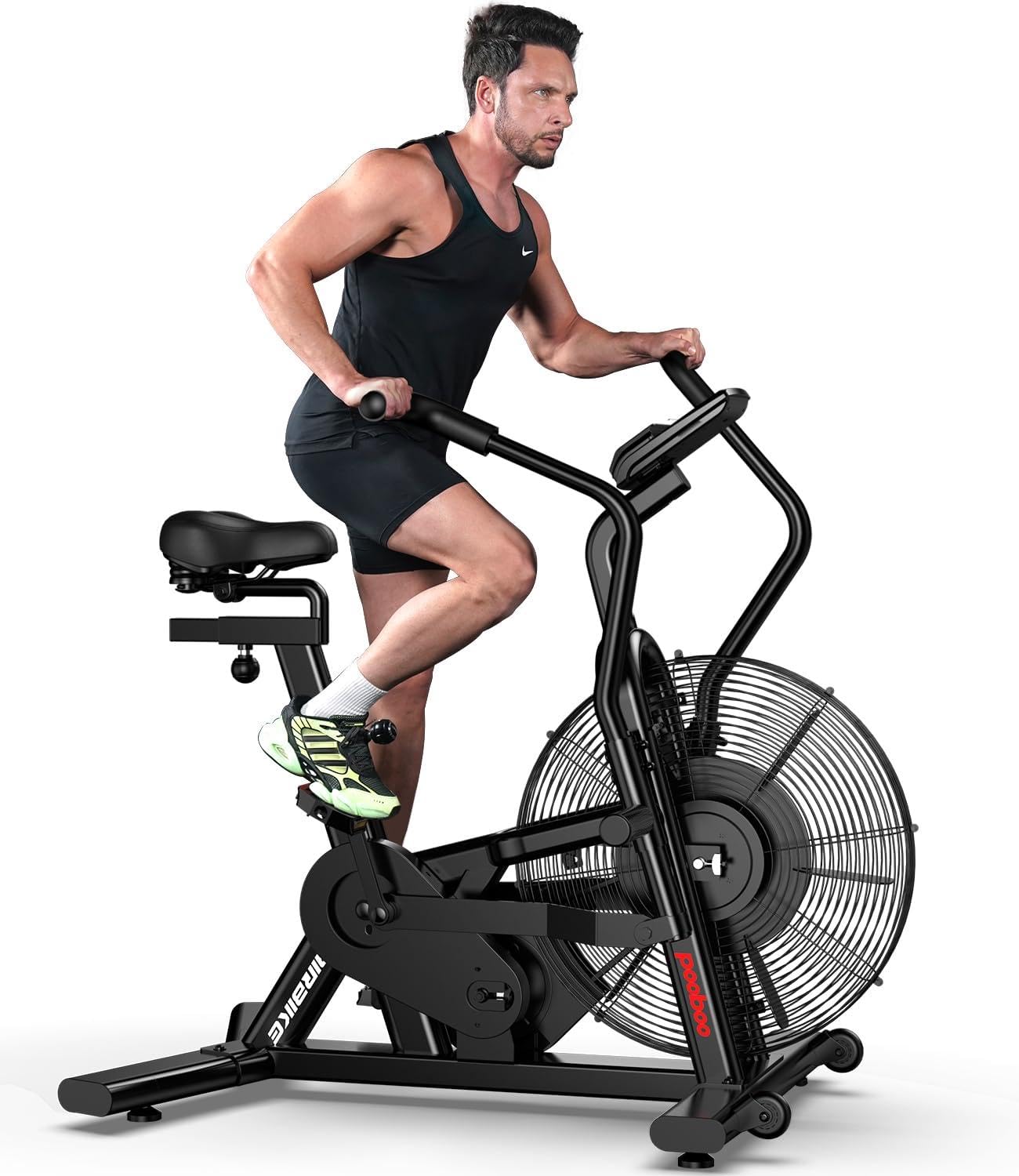 pooboo Exercise Bike, Stationary Bike for Home Gym, Air Resistance Bluetooth Fan Bike w/Dual Acction Handlebars & Dual-Layer Transmission System, Upright AirBike Indoor Cycling Bike for Cardio Workout