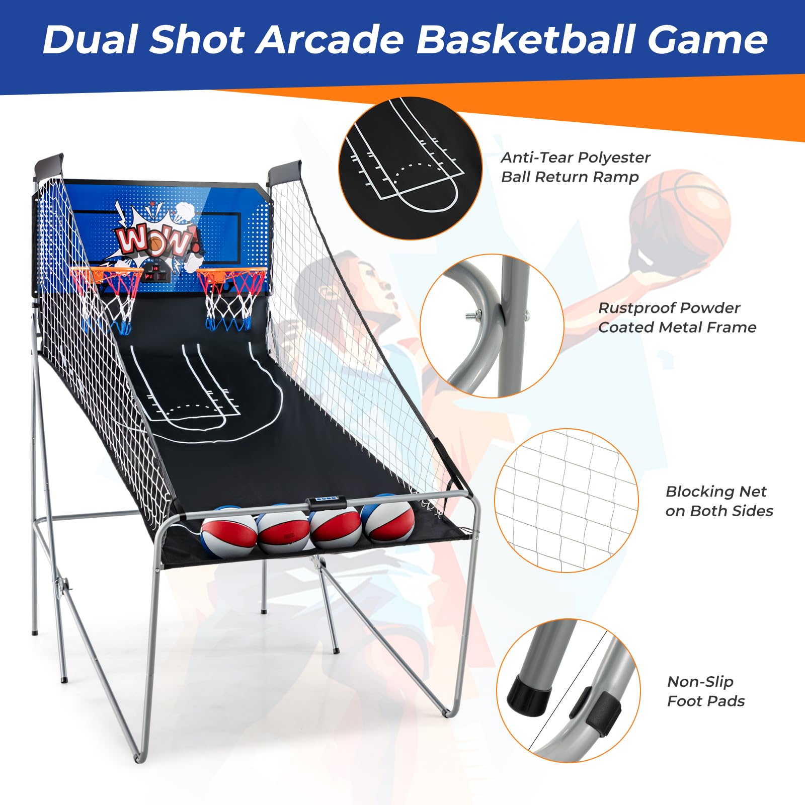 GYMAX Arcade Basketball Game Indoor Foldable with 8 Game Modes, Arcade Sound, 4 Balls and Inflation Pump, Electronic Basketball Games for Home
