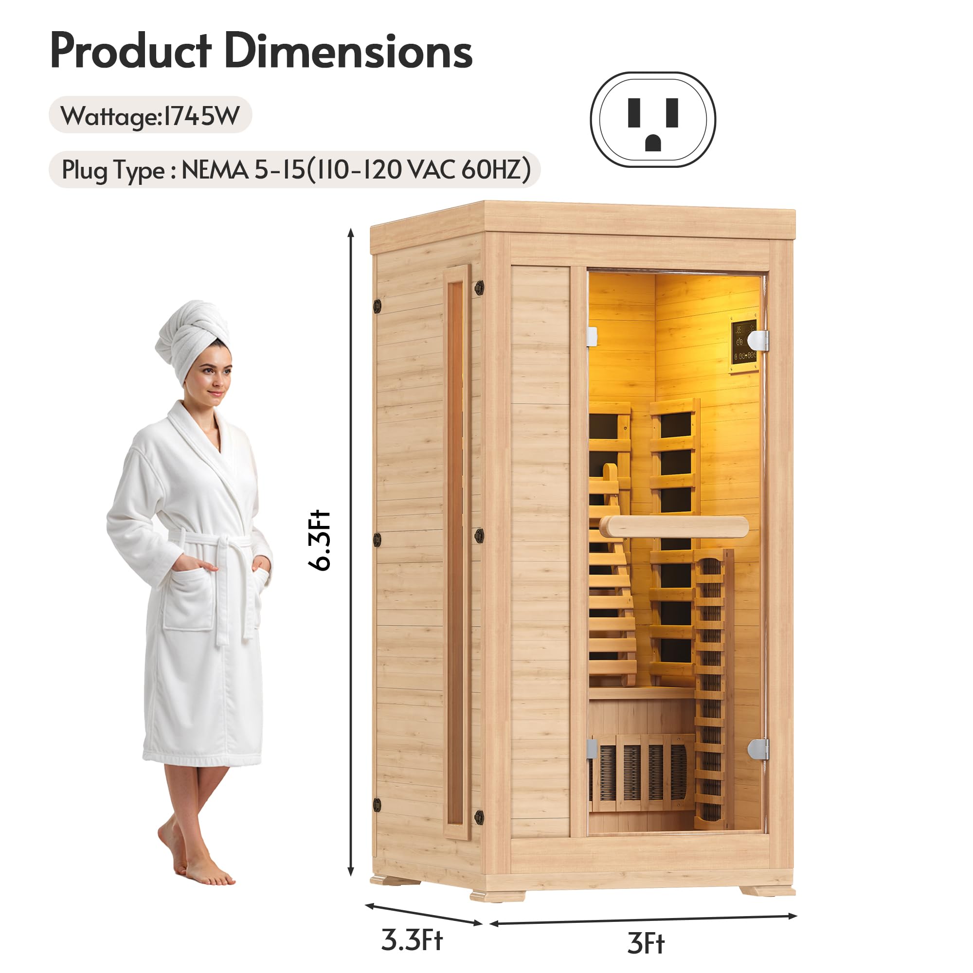1 Person 5.2Ft Mini Infrared Sauna, 7 Color Full Spectrum Wood Dry Sauna. Canadian Hemlock Indoor Saunas with 1240W 20Min Fast Heating & Music Speakers for Home & Gym (28 Lx35 Wx63 H)