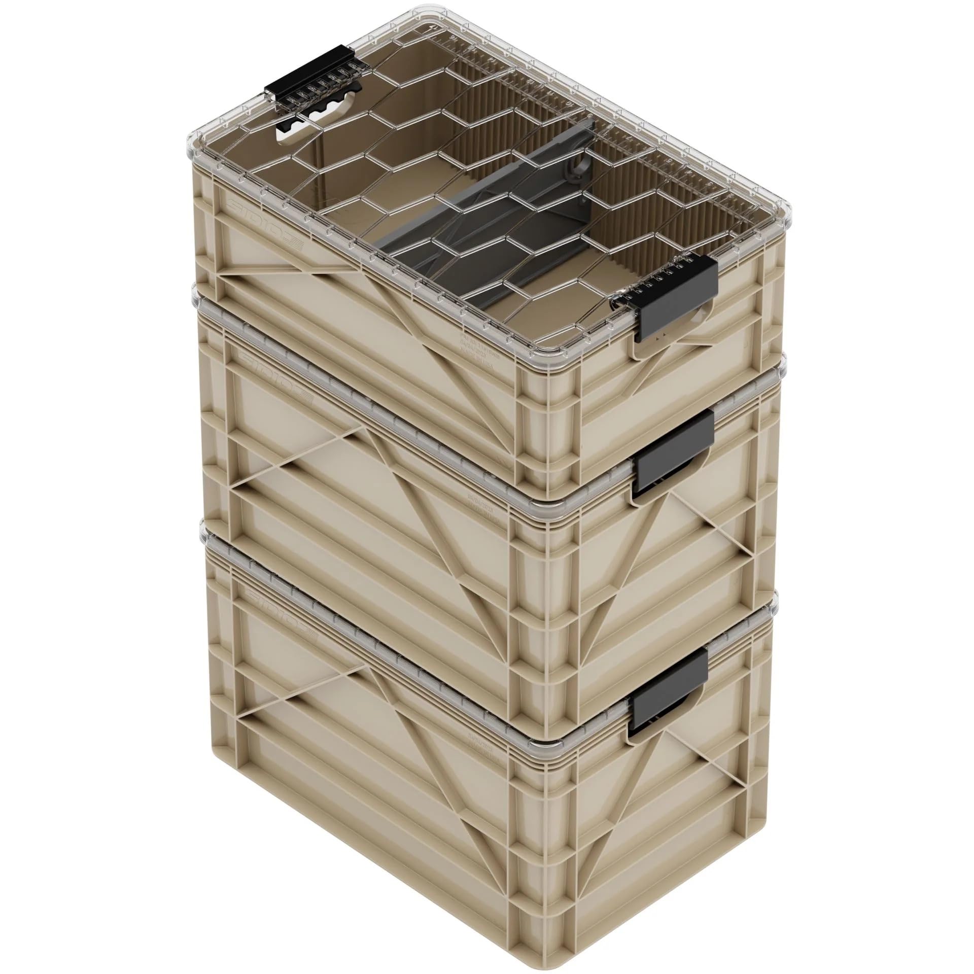 SIDIO CRATE Starter Pack - Two Full Size and One Half Size SidioCrate, Stackable Outdoor Organizer Storage Bins with Clear Lid and Dividers - Tan