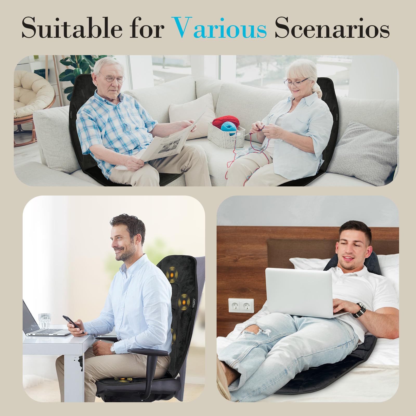 Back Massager with Heat, 5 Vibrating Modes & 2 Heat Levels, Back Massager Chair Pad, Electric Massage Seat Cushion, Massage Pad for Back Pain Relief, Fathers Day Dad Gifts for Men Him Mom Her