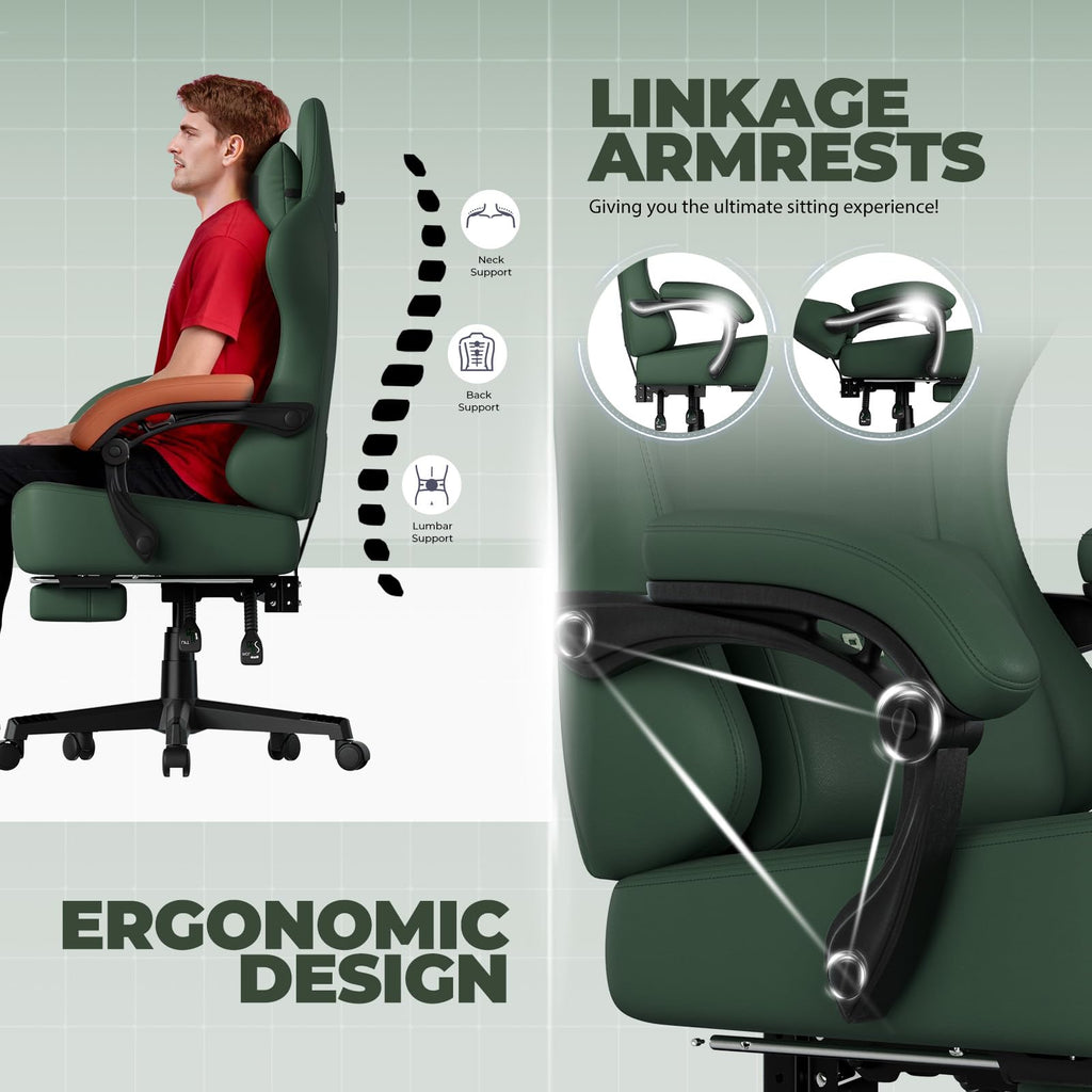 GTPLAYER Gaming Chair with Pocket Spring Cushion, Big and Tall Gamings Chairs 350LBS High Back Computer Chair with Footrest for Adults Lumbar Support Swivel Game Chair for Office,Leather Black-Massage