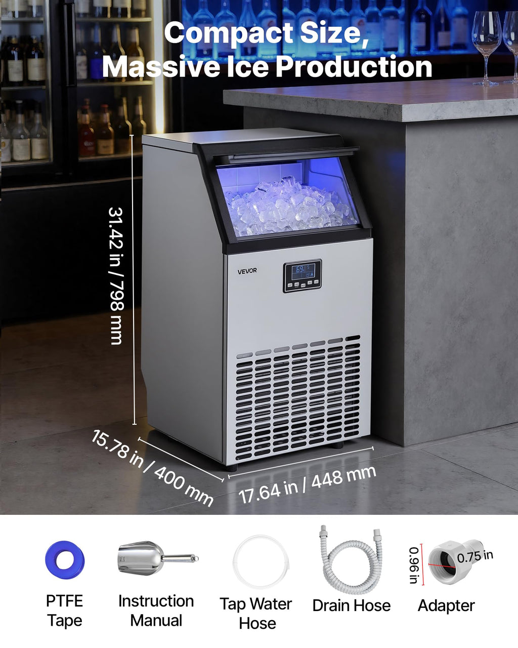 VEVOR Commercial Ice Maker Machine, 100 lbs/24h with 30-35 lbs Storage, Bullet Ice,Built-in/Freestanding/Under Counter, Stainless Steel Ice Maker with LED Display for Home Bar Restaurant