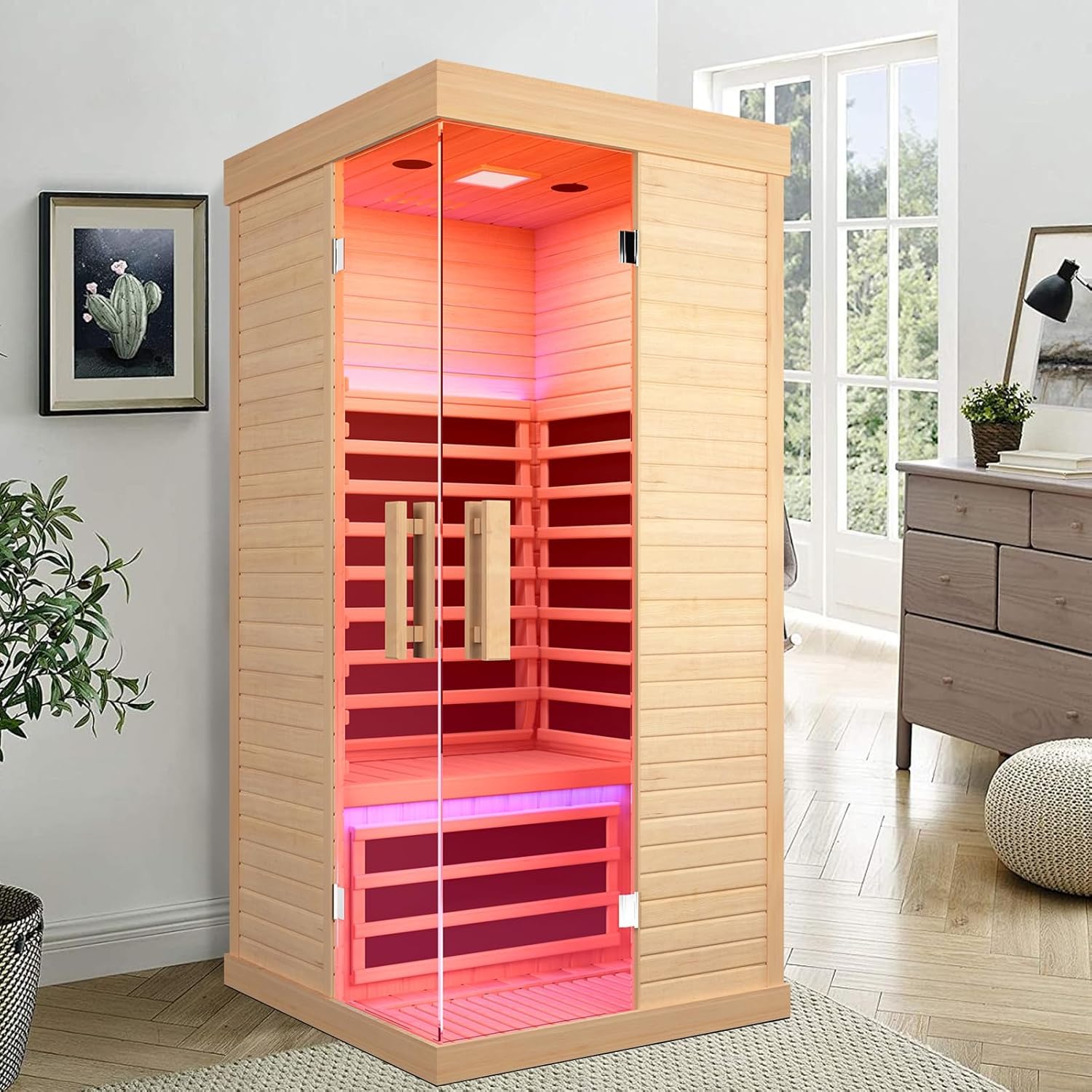 2 Person Infrared Sauna Far Infrared Sauna Room for Home Indoor 2000W Low-EMF Wood Dry Sauna with Full Starry Sky Lights Ceiling in 7 Color Speaker Fast Heating Easy Assembly- 47.3*41.3*74.8 IN