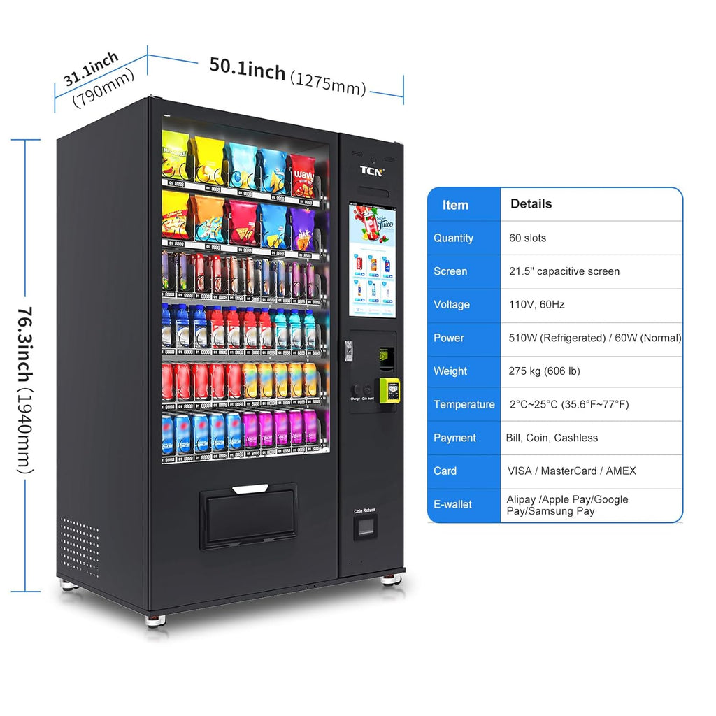Touchscreen Vending Machines for Sale, 60 Slots Refrigerated Vending Machines for Business, Credit Card Reader, Bill & Coin Acceptor, Snack & Drink Combo with Remote Management System