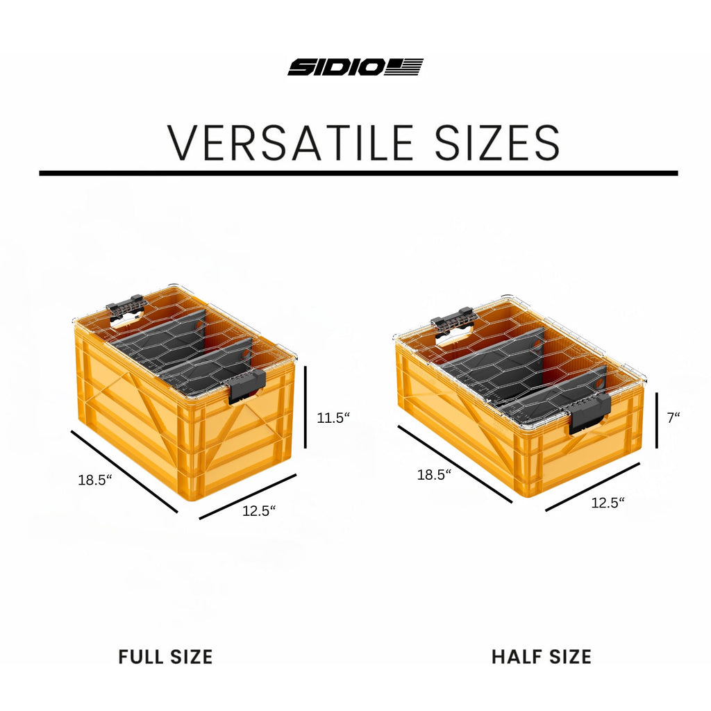SIDIO CRATE Starter Pack - Two Full Size and One Half Size SidioCrate, Stackable Outdoor Organizer Storage Bins with Clear Lid and Dividers - Tan