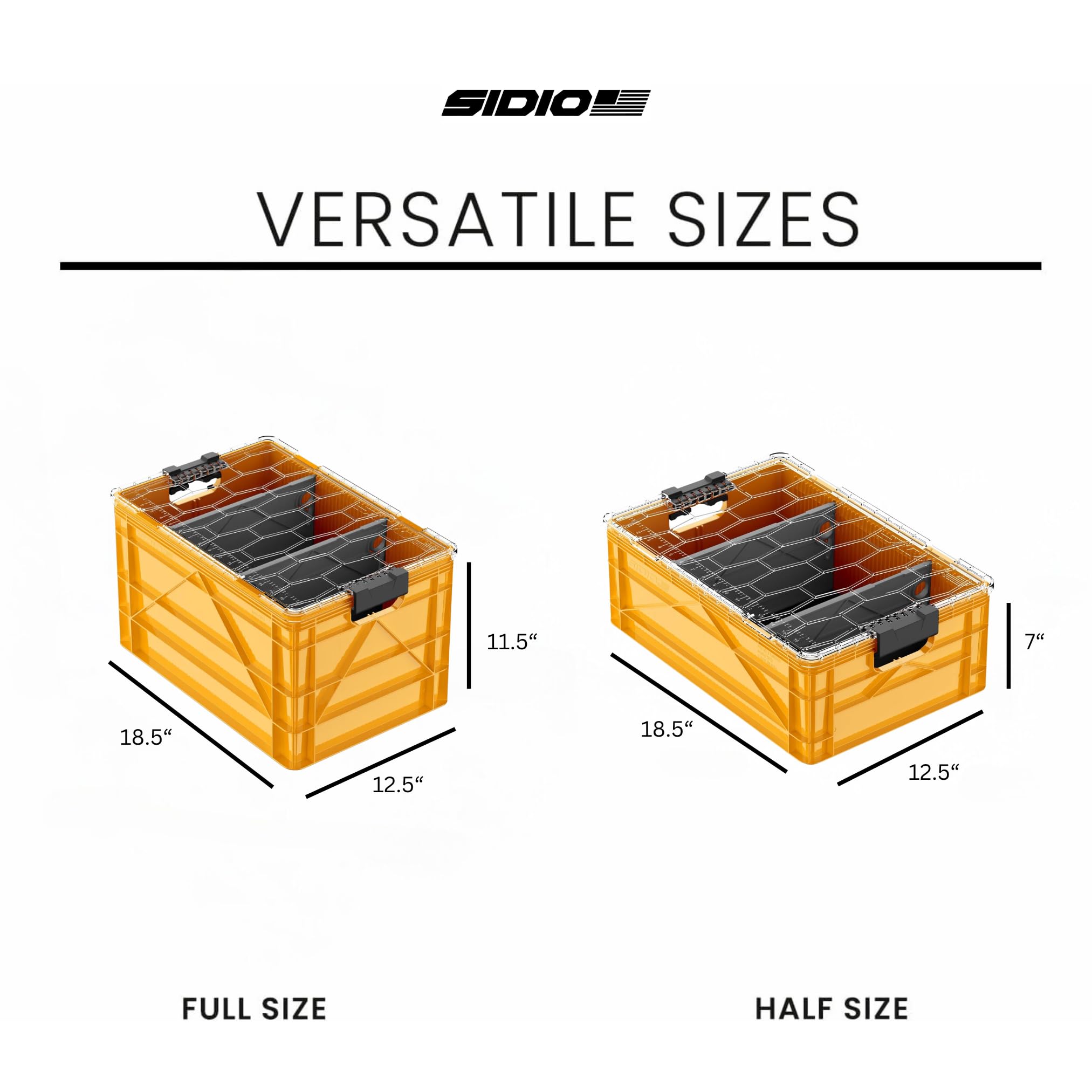 SIDIO CRATE Starter Pack - Two Full Size and One Half Size SidioCrate, Stackable Outdoor Organizer Storage Bins with Clear Lid and Dividers - Tan