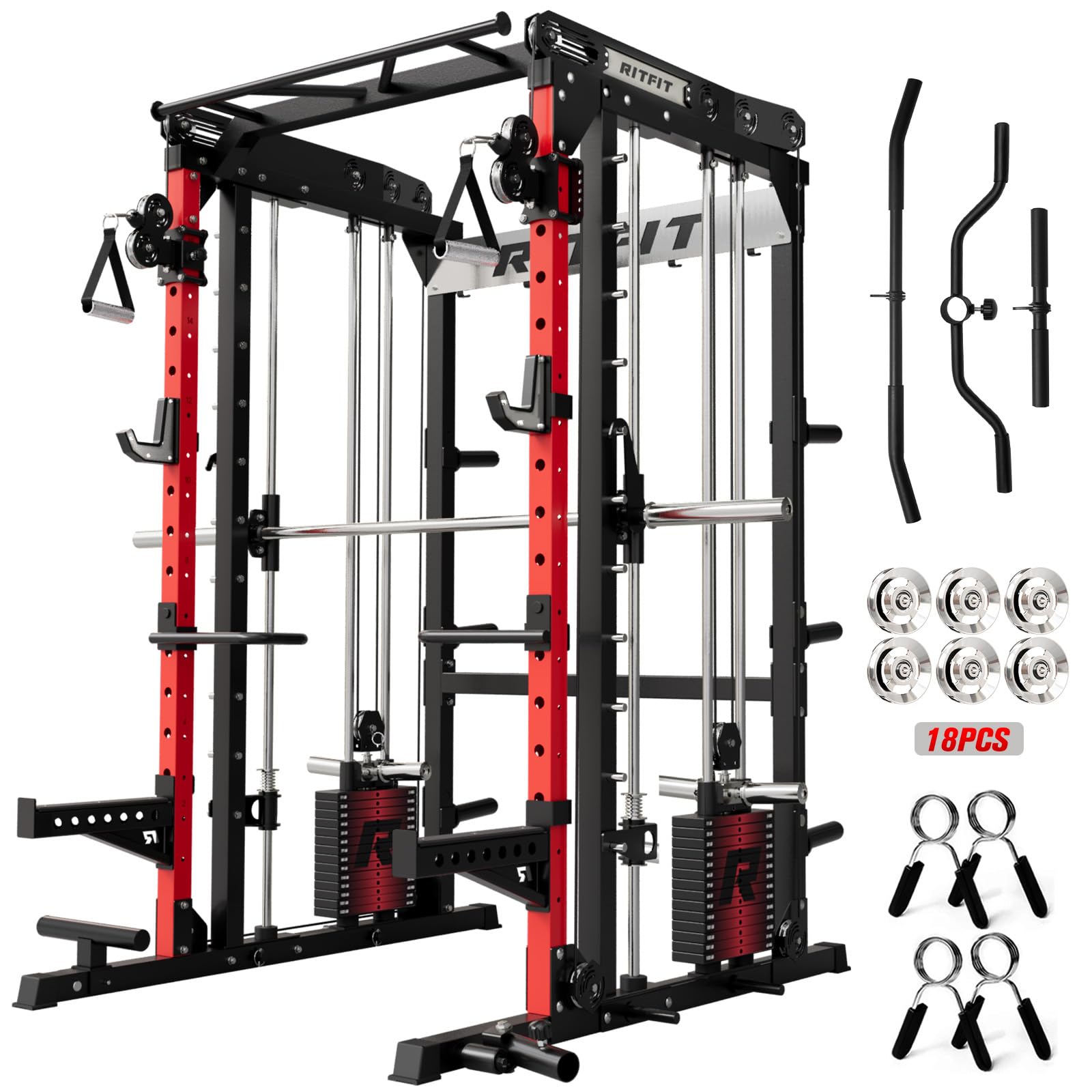 RitFit M2 3D Smith Machine & 286.6LB Built-in Weight Stack with Cable Crossover System, All in One Functional Trainer & Power Cage, 16 Adjustment Holes, 6 Storage Pegs for Full-Body Home Gym