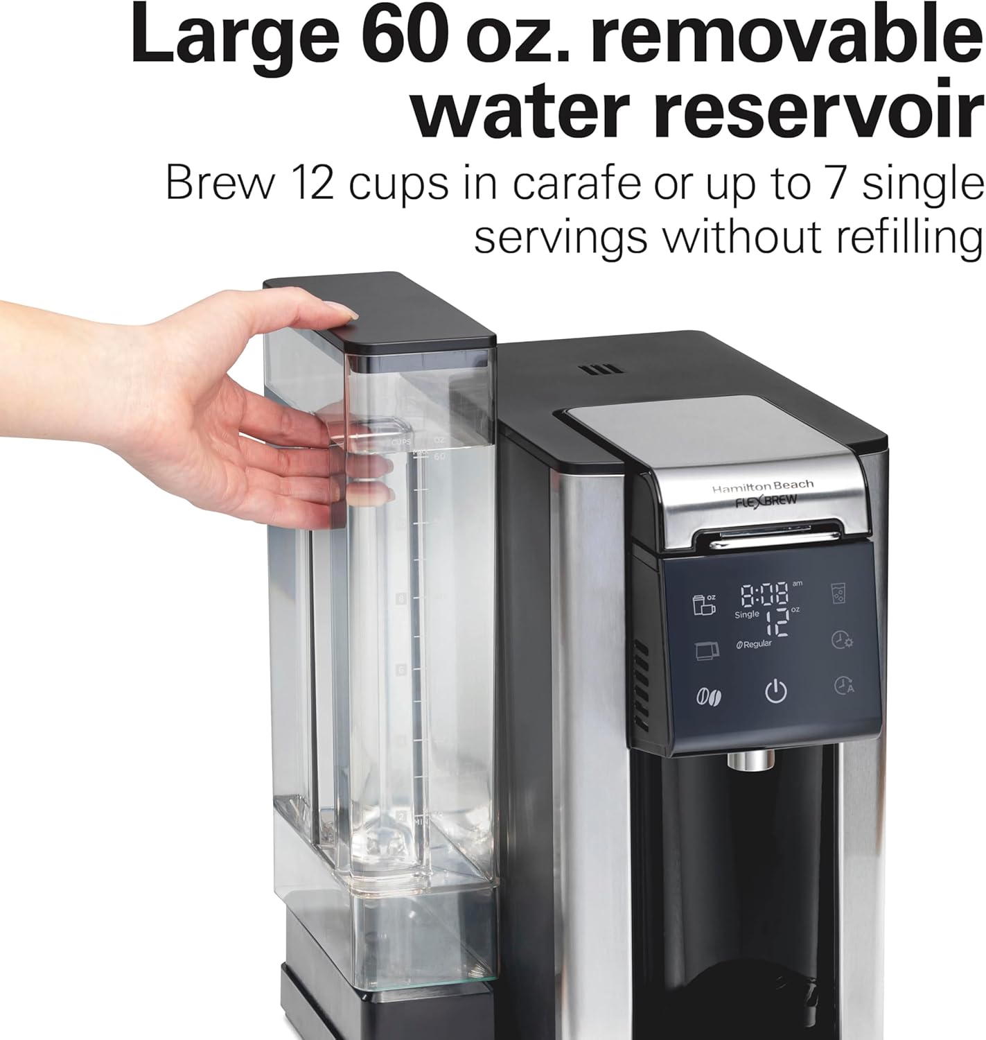 Hamilton Beach Flexbrew Advanced 5-in-1 Programmable 12 Cup Drip and Single Serve Hot & Iced Coffee Maker with Movable 60 oz Reservoir, Pod Packs and Grounds, Fast Brewing, Black