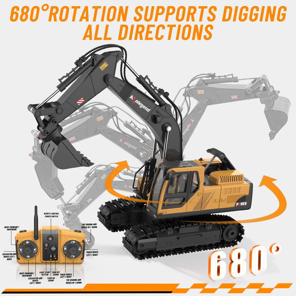 kolegend 3 in 1 Remote Control Excavator Toy 1/14 Scale RC Excavator, 15 Channel Upgrade Full Functional Construction Vehicles with Tools Metal Breaker and Electric Gripper(Yellow/Black)