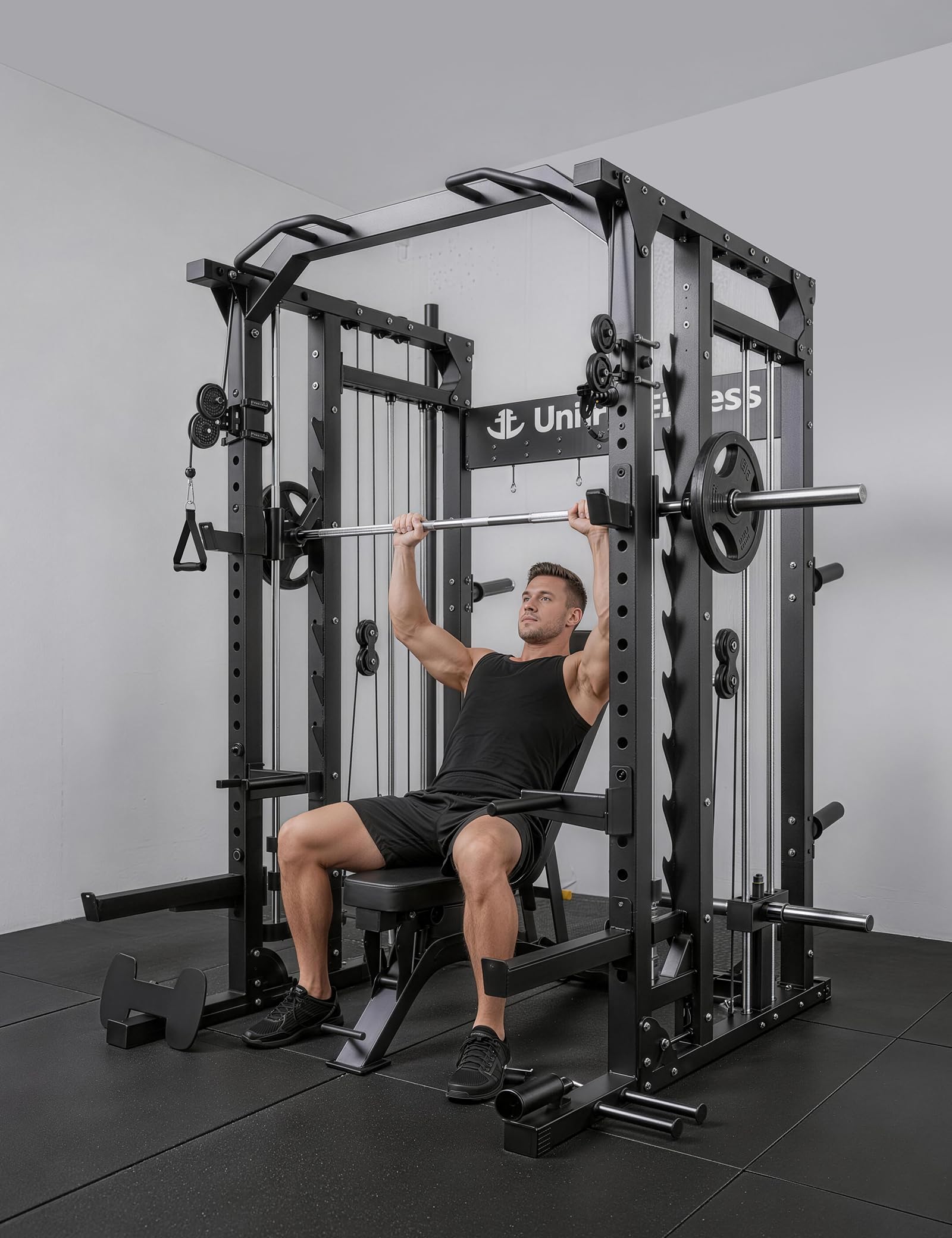 Unive Fitness Smith Machine, Commercial-Grade All-in-One Home Gym Power Cage with Squat Rack, Dual Cable Crossover & Pulley System, Complete Attachments for Full Body Workouts