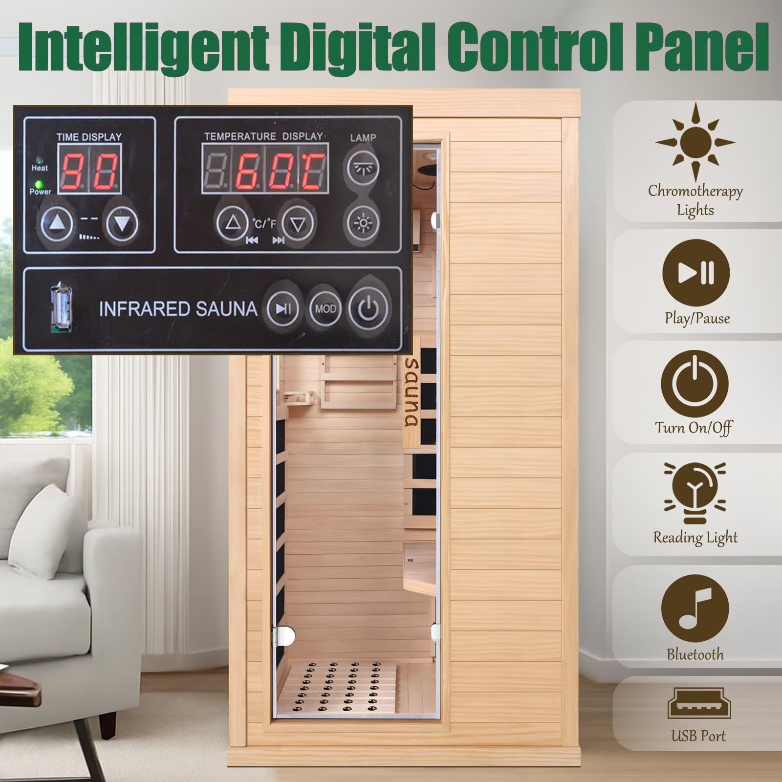 1350W Far Infrared Home Sauna, Energy-Efficient Fast-Heating Indoor Sauna Room with Bluetooth & 7-Color Therapy, Canadian Hemlock Wood, Modular Design - Ideal for Home Gym, Family Relaxation