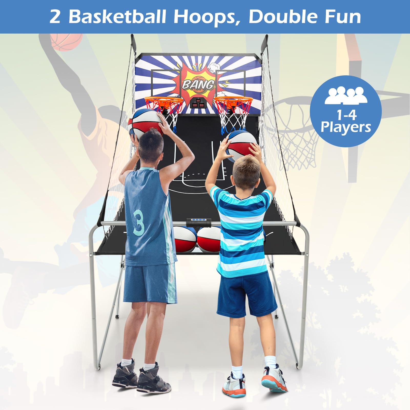Goplus Foldable Dual Shot Basketball Arcade Game, Electronic Basketball Hoop w/LCD Scoreboard, 8 Game Modes, 4 Balls, Indoor Outdoor Basketball Game Machine for Adults (Green)