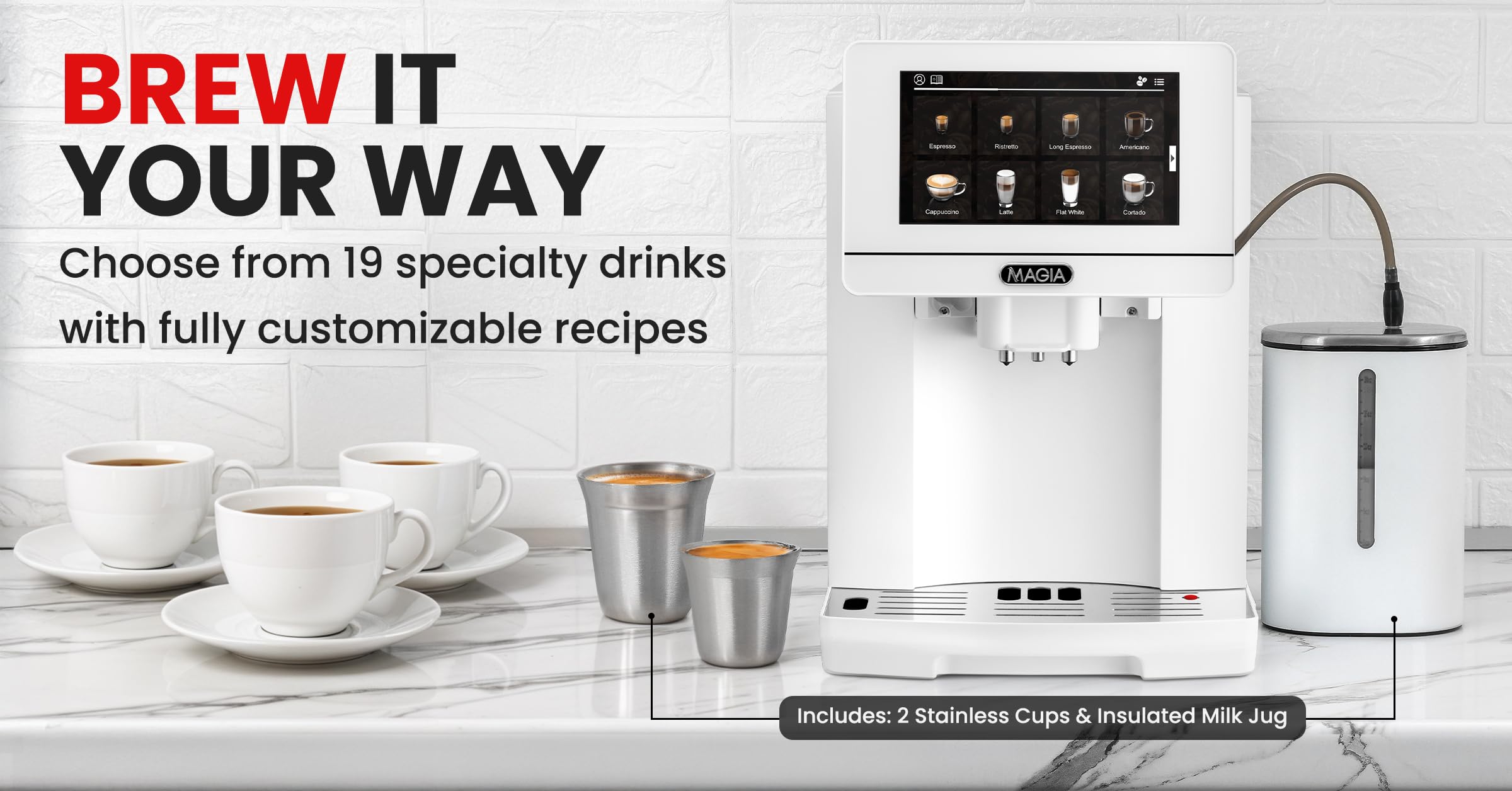 Zulay Magia Super Automatic Espresso Maker Machine with Grinder - 19 Fully Customizable Coffee Options, Auto Cleaning, Milk Foam System - for Latte, Cappuccino - Ultra LUX - White (13.7x17.7x9.4)