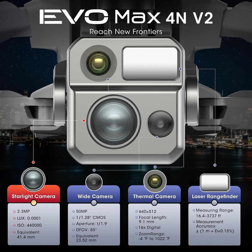 Autel Robotics EVO MAX 4N V2, Starlight Night-Vision/ Wide/ Thermal/ L~aser 4 Cameras in One UAV, Upgrade of MAX 4T V2/ 4N, 5KM Night Vision Observation, A-Mesh 1.0, 720° Obstacle Avoidance, Triple Anti-Jamming, Hot-Swappable, 42 Mins, IP43, Autel SDK