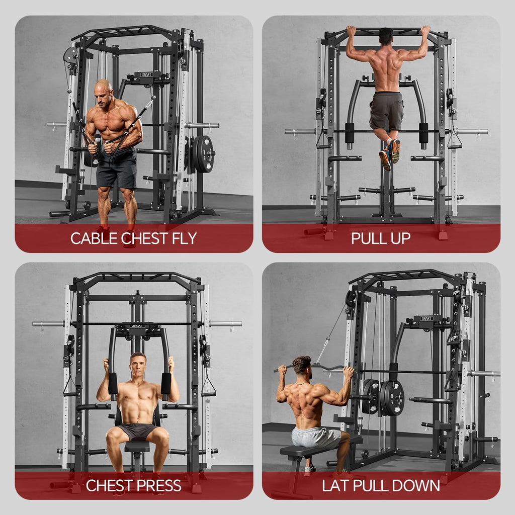 SPART Workout Station Angled Smith Machine with Bench,Cage System-Home Gym Multifunction Rack,Workout Equipment with Smith Bar, LAT Pull-Down Systems, Cable Crossover Machine and Cable Attachment