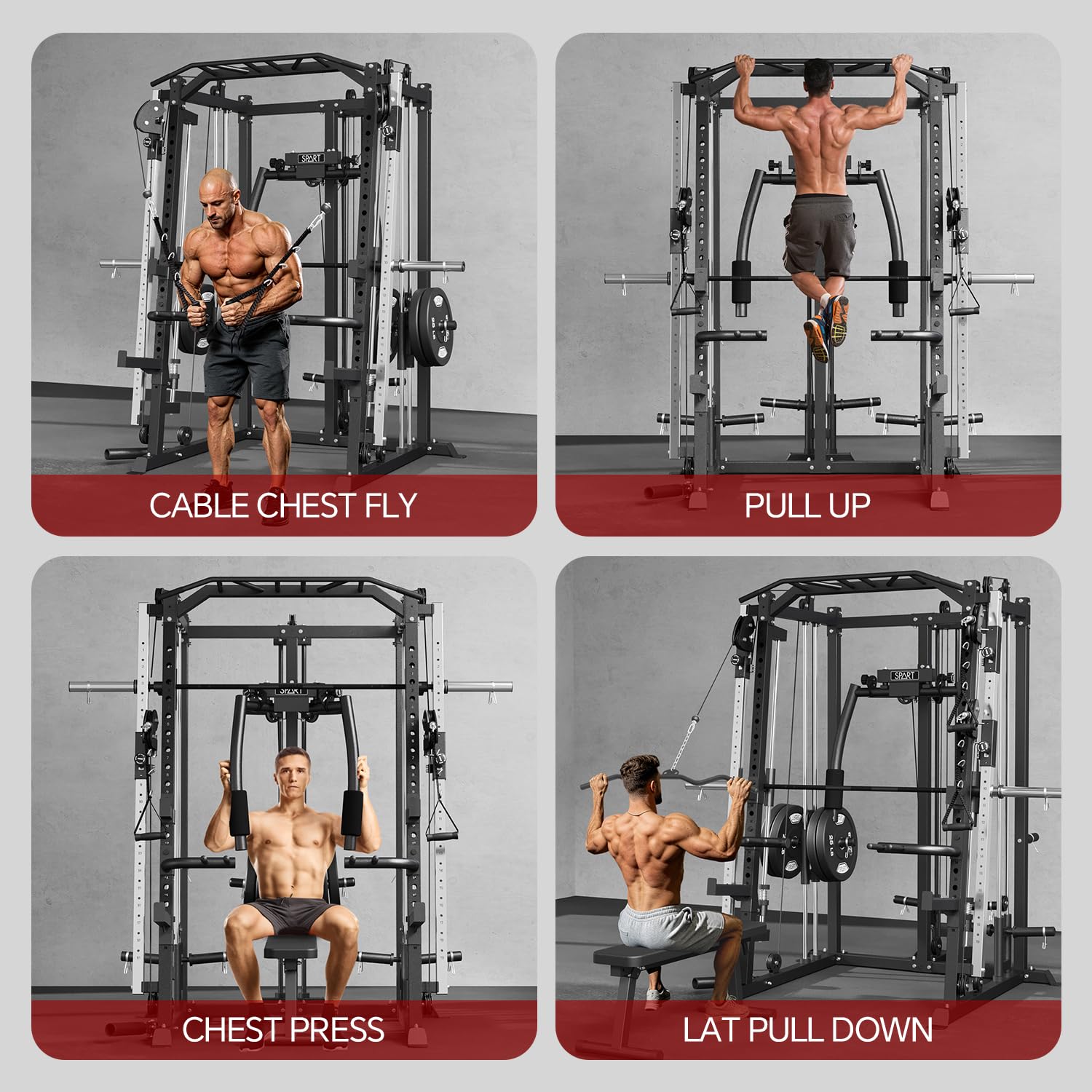 SPART Workout Station Angled Smith Machine with Bench,Cage System-Home Gym Multifunction Rack,Workout Equipment with Smith Bar, LAT Pull-Down Systems, Cable Crossover Machine and Cable Attachment