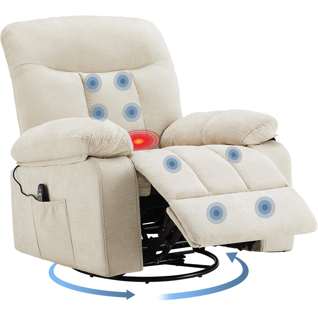DUMOS Rocker Recliner Chair, Swivel Recliner with Vibration Massage & Lumbar Heating, 270° Rotating Chenille Fabric Recliner with footrest for Living Room & Bedroom, Grey