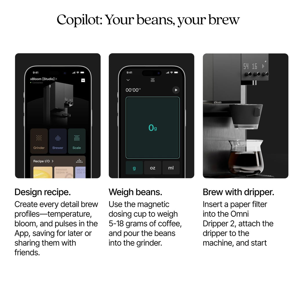 xBloom Studio Coffee Machine – Drip Coffee Maker with Built-in Grinder and Scale, 3 Automation Levels, App Connected Pour Over Coffee Maker for Specialty Coffee Lovers, Sage Green x Gold
