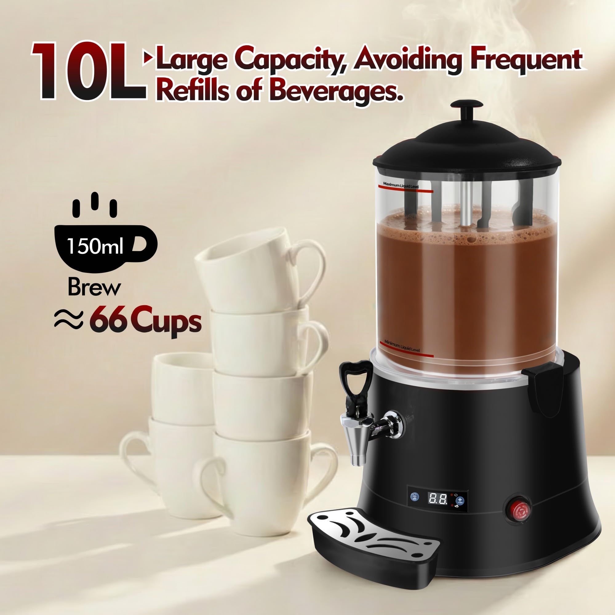 10L/2.64Gal Commercial Hot Chocolate Machine, with Intelligent Temperature Control Hot Beverage Warmer, Temperature Range 86°F-194°F, Heat Chocolate, Coffee, Tea, Juice, and Red Wine-Red 5i5