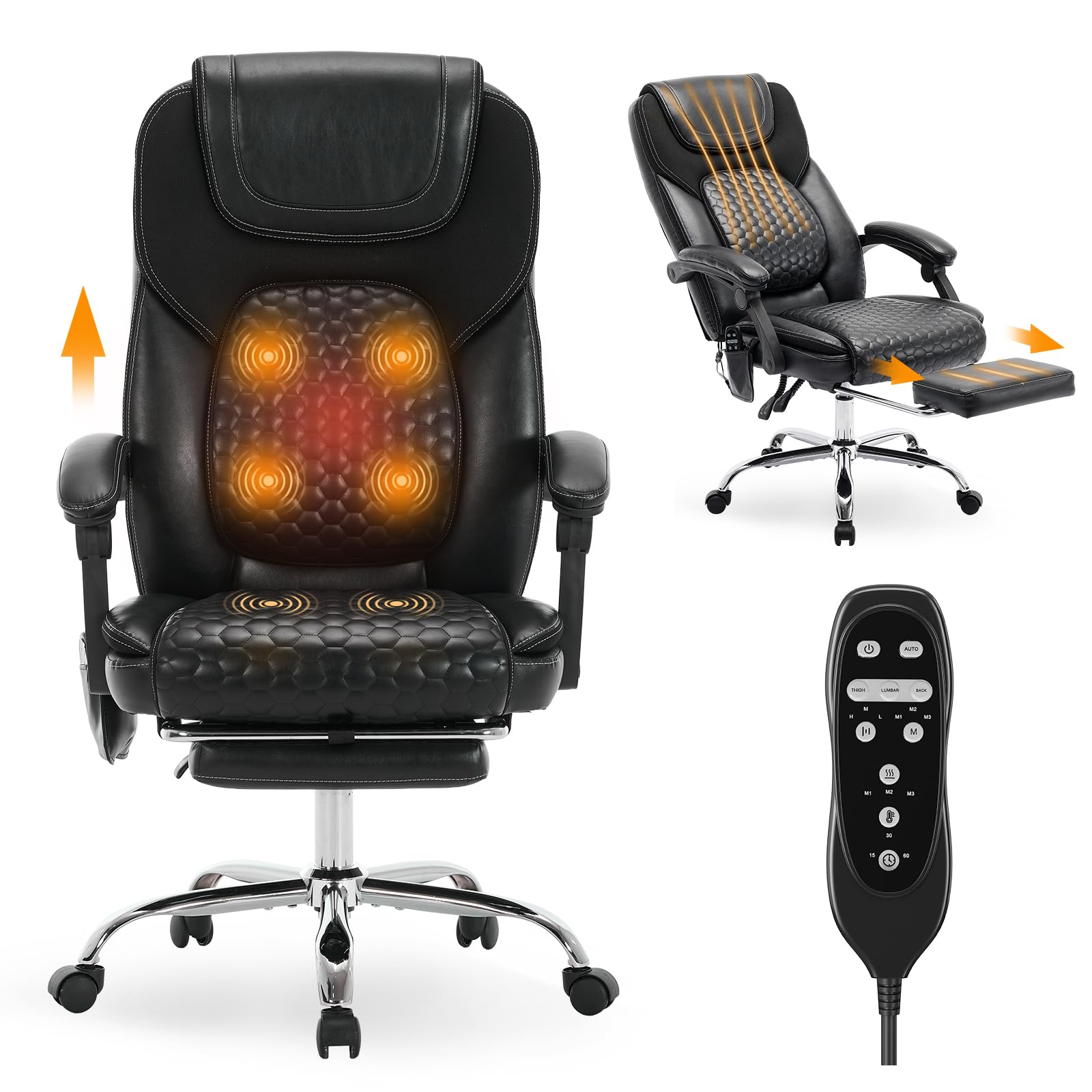 MALOL Massage Office Chair with Heat and Footrest - 3-Level 65°C Targeted Heating, 20-Min Easy Assembly Leather Desk Chair, Big and Tall Executive Computer Chair with Side Pocket, 300 lbs, Beige