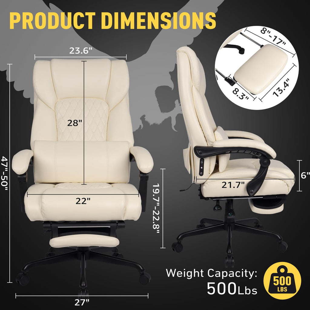 3D Kneading Massage Office Chair with Heat, 500 lbs Big and Tall Executive Computer Desk Recliner, Leather Electric Heated Chair with Footrest, Black