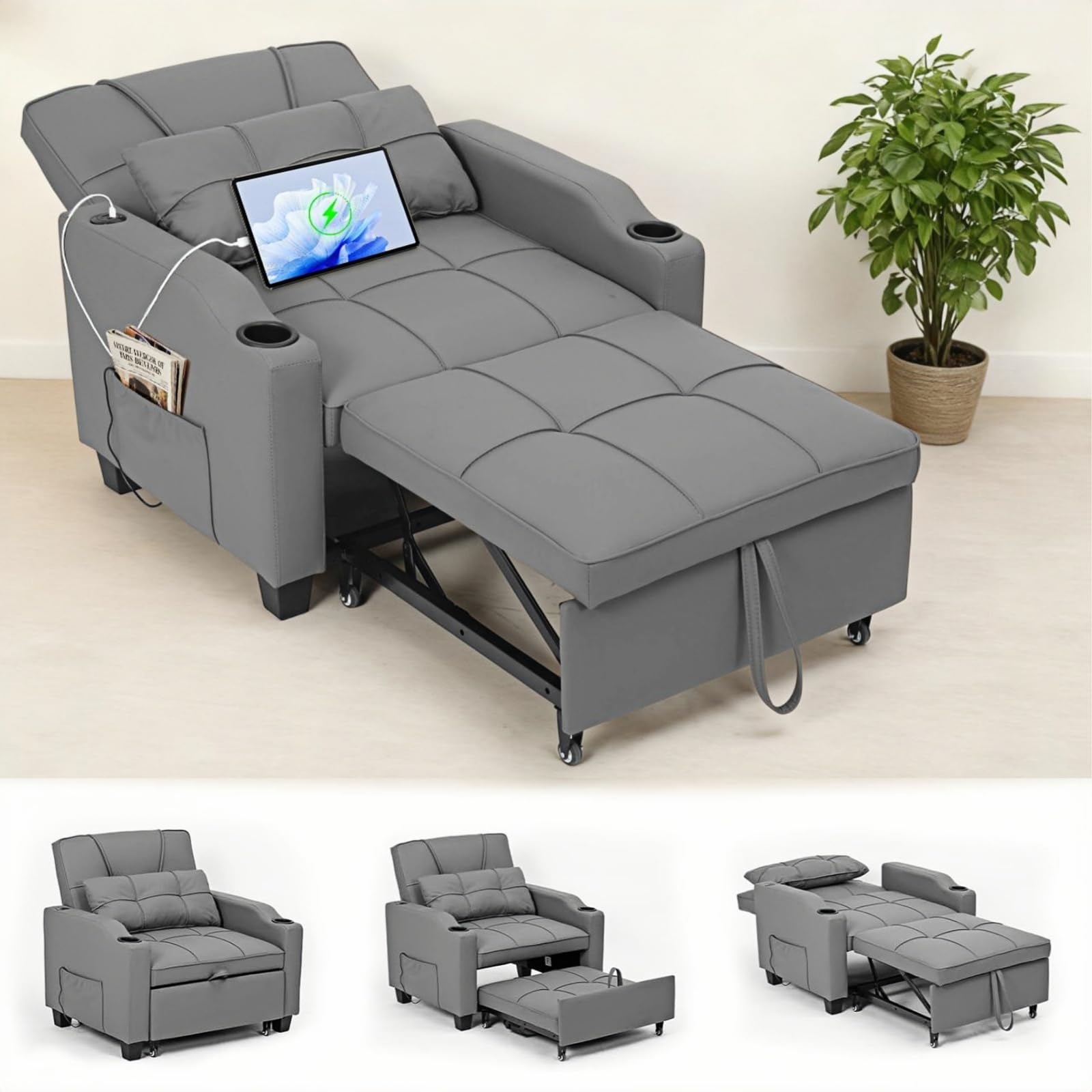 Sleeper Chair Pull Out Bed, 4 in 1 Convertible Sofa Chair Bed with Vibration Massage Lumbar Pillow, Single Sofa Recliner with USB/Type-C Port, Cup Holders and Side Pocket for Small Spaces (Brown)