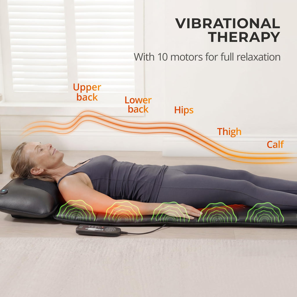 Shiatsu Full Body Massage Mat with Heat, Detachable Massager Pad, 10 Vibrating Motors, Deep Tissue Pain Relief for Back, Neck & Legs - Relaxation at Home or Office, Fathers Day Dad Gifts