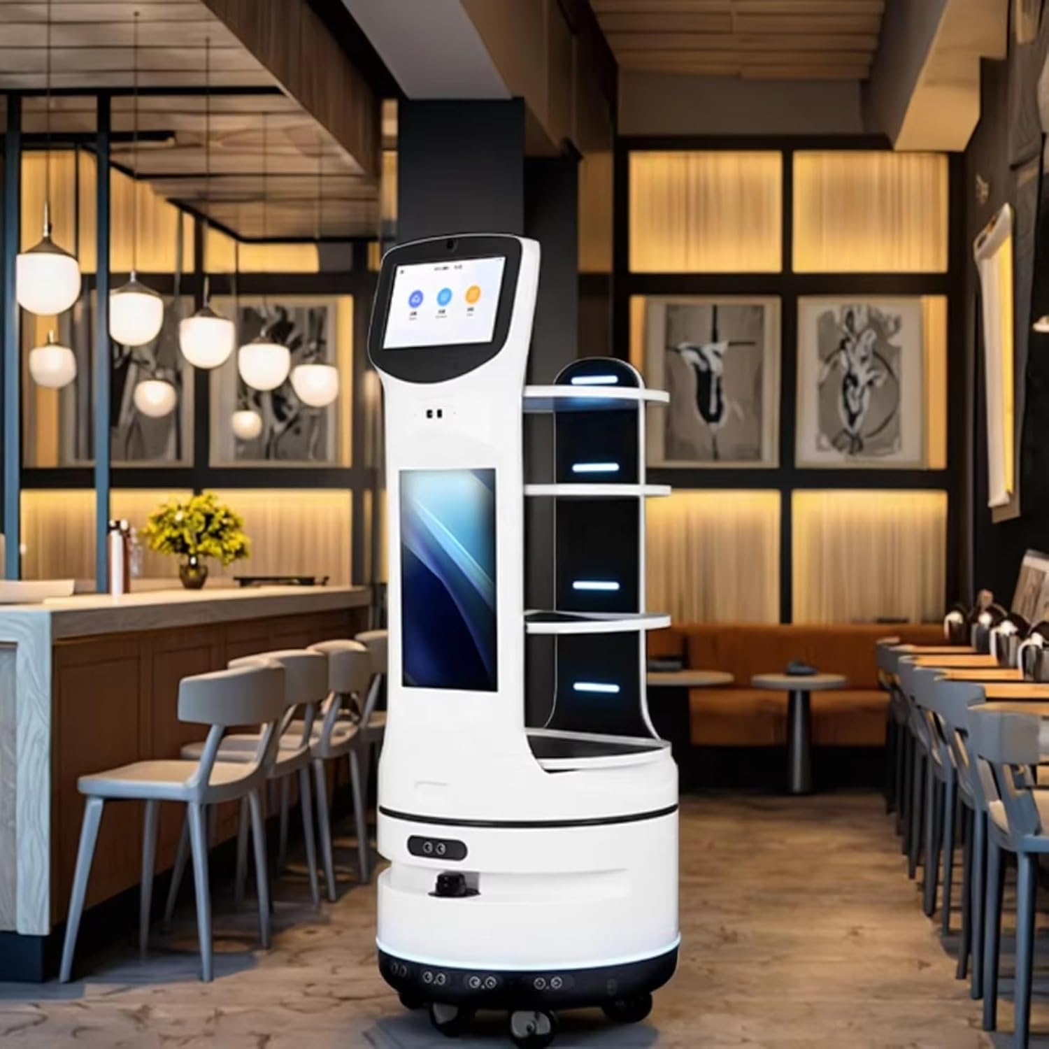 Smart Autonomous Restaurant Robot – Food Delivery, Interactive Waiter, Large Tray Collection, Contactless Commercial Meal Server, Automatic Obstacle Avoidance, Self-Charging Indoor Navigation