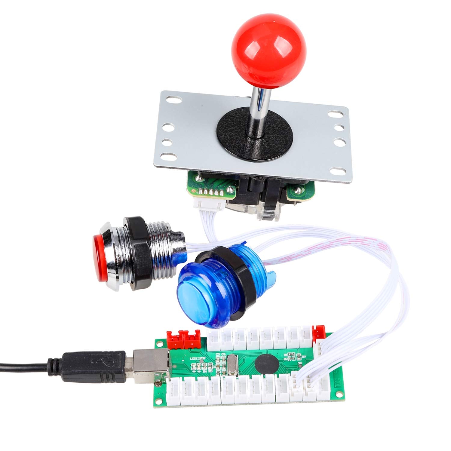Fosiya 1 Player USB Encoder to PC Arcade Joystick Red Top Ball + 10x 5V LED Arcade Buttons for Arcade PC Games Mame Raspberry Pi