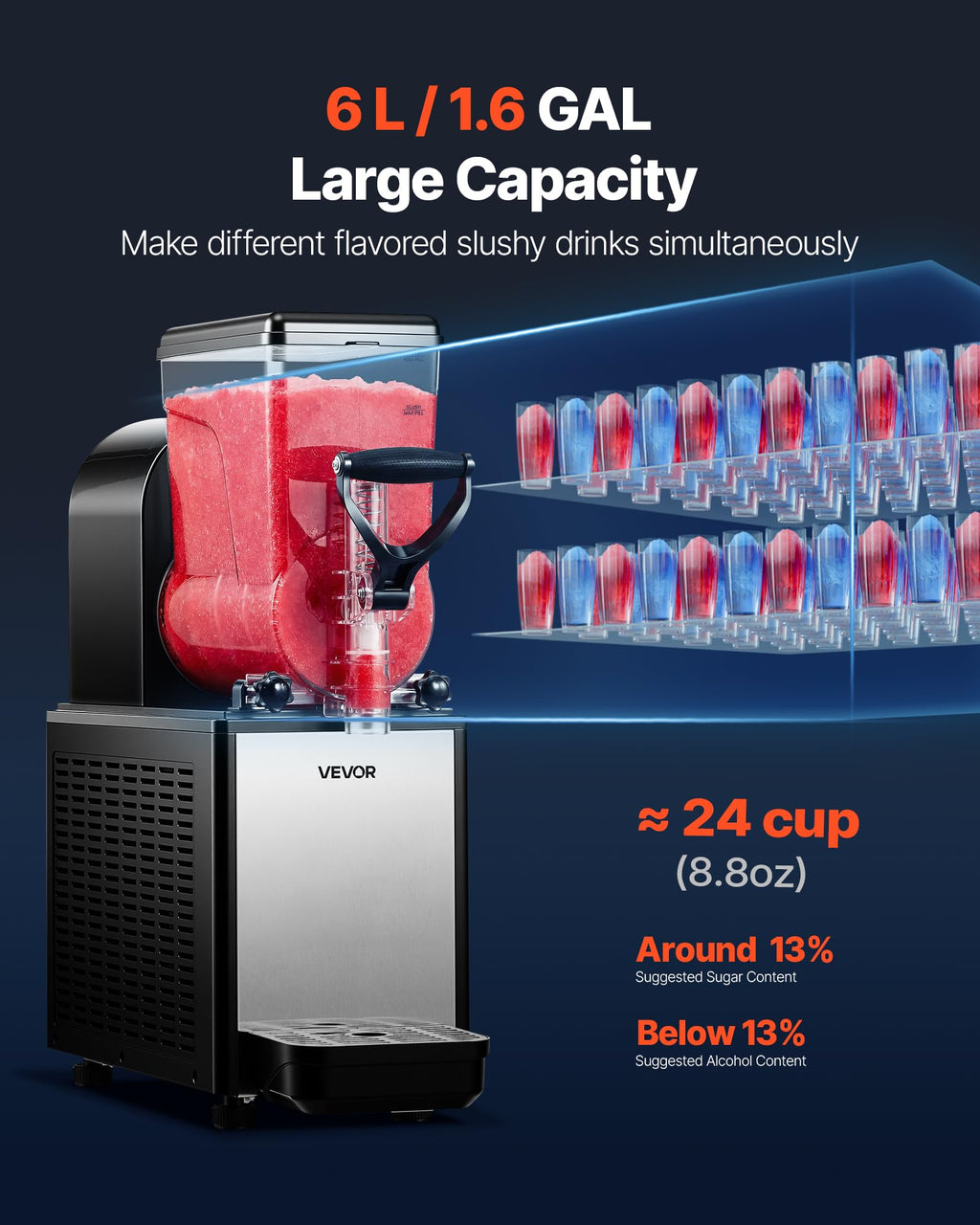 VEVOR Slushie Machine, 6L/1.6Gal Commercial Slushy Maker, Frozen Drink Maker with Self-Cleaning, Margarita Machine for Restaurants Bars Party for Slushie, Margaritas, Milkshake & More