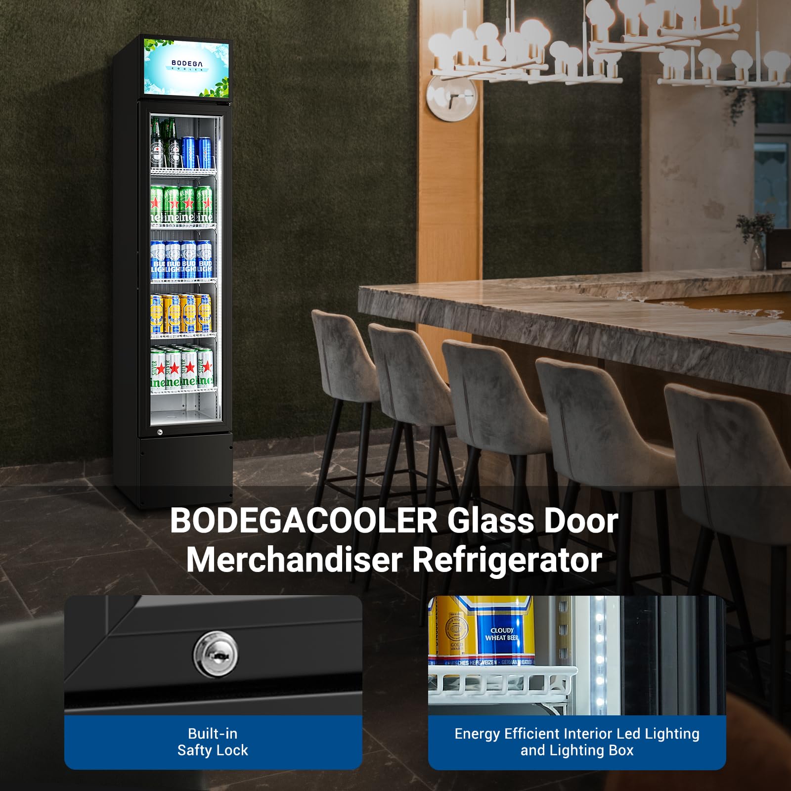 BODEGACOOLER Commercial Merchandiser Refrigerator, 27.02 Cu.Ft Double Glass Door Beverage Cooler, Upright Display Refrigerator with Soft LED Light, Adjustable Shelves, 4 Heavy-Duty Casters, Black