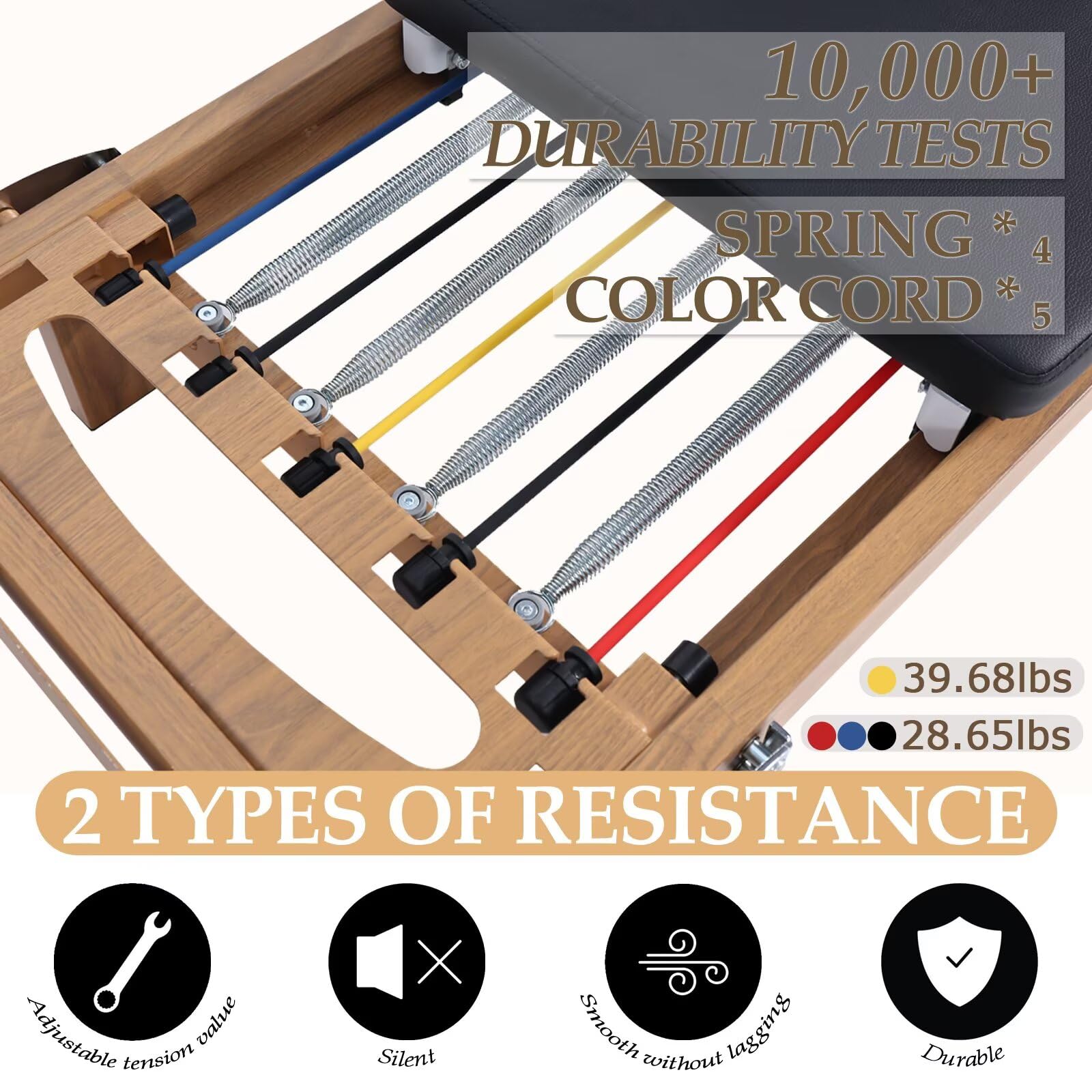 Foldable Pilates Reformer Machine – 88" Long Imitation Wood Frame with Jumpboard & Box Included, Dual Resistance System (Springs + Latex Tubes) for Full Body Workout, Home Gym Equipment for Women Men