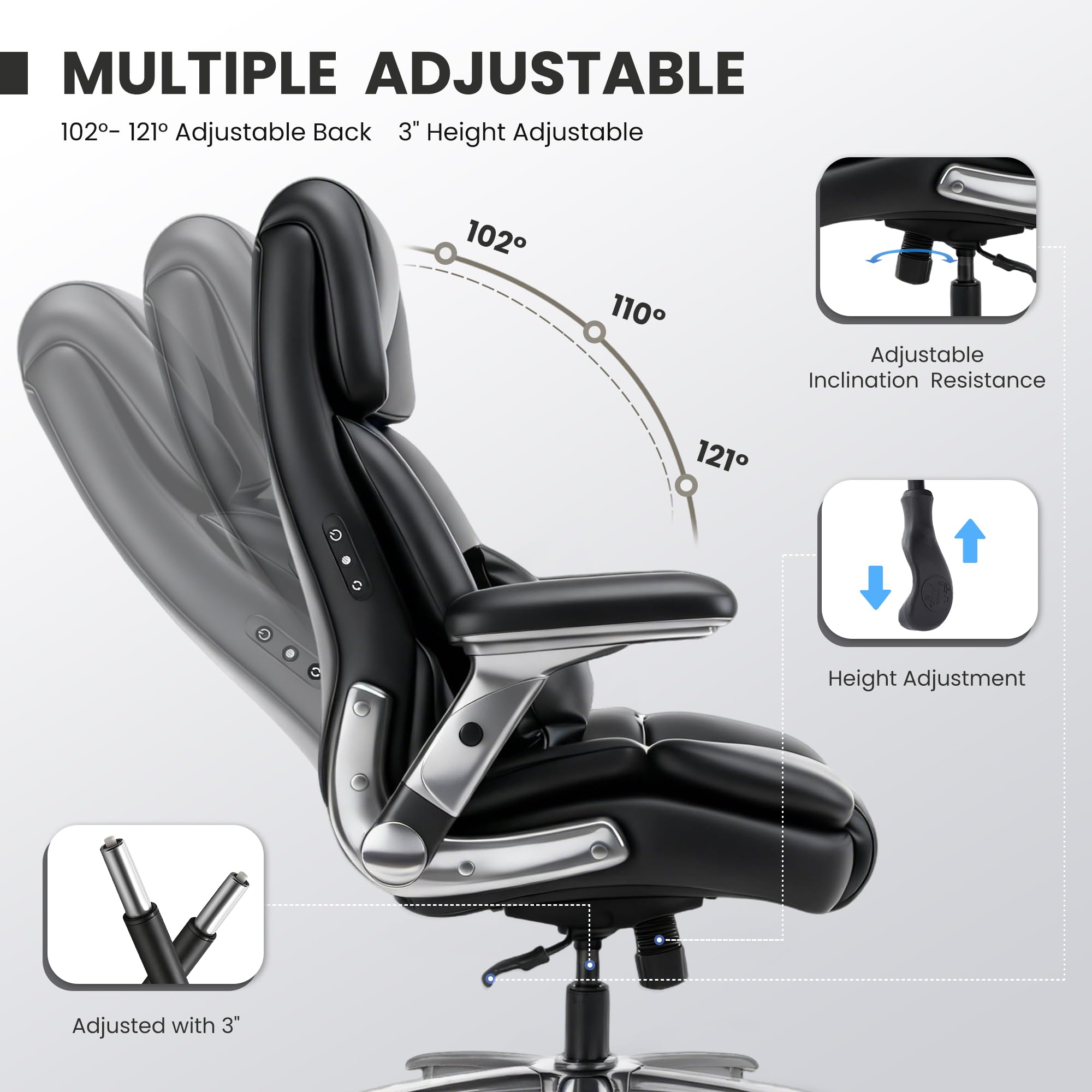 750lbs Heavy Duty Desk Chair with 3D Kneading Massage, Big and Tall Office Chairs with Ergonomic Support, 3D Armrests, 5 Quiet Dual Rubber Wheel, Thick Pocket Spring Cushion(Black, PU)
