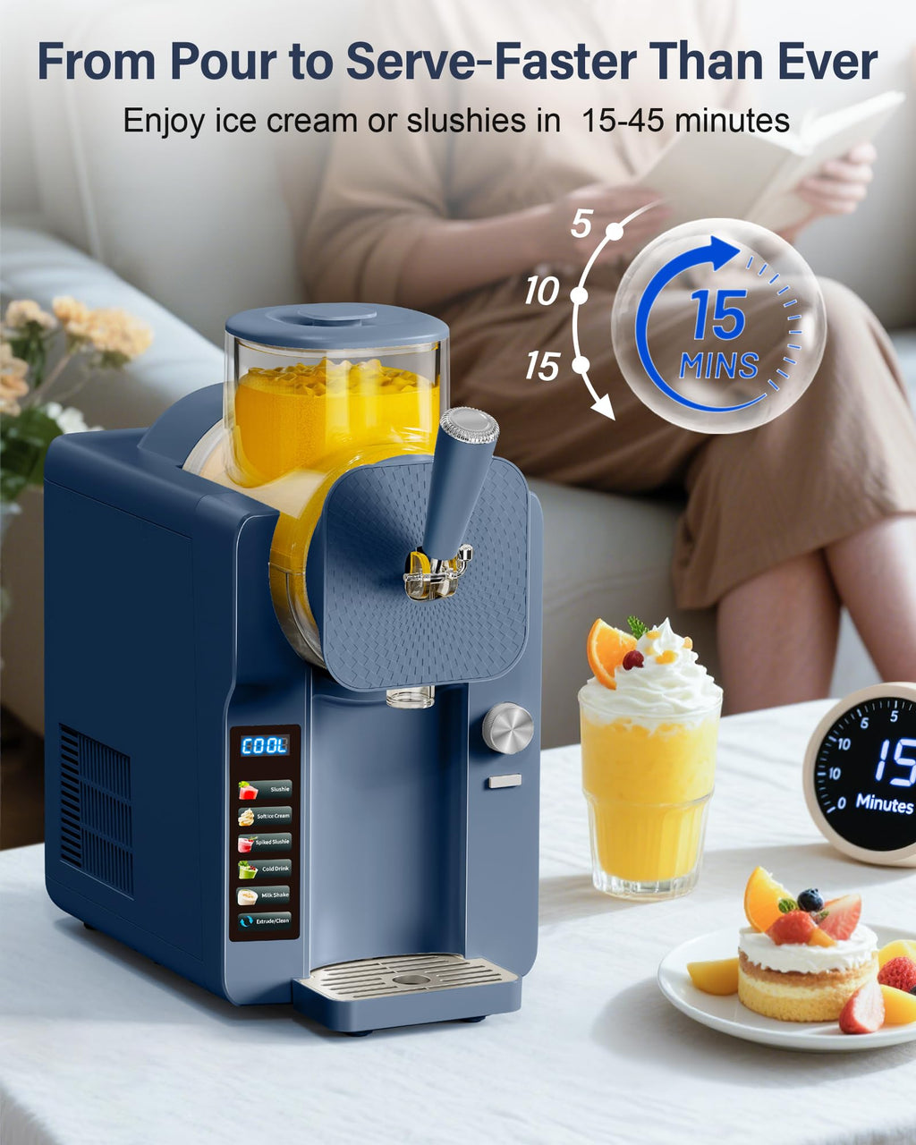 Slush Machine & Ice Cream Maker Machine 2-IN-1, 6 Modes for Smoothies, Milkshakes, Cocktails, Margarita, and Ice Cream, Double-Layer Tank, With Ice Cream Cone Holder, Self-Cleaning, For Home Use