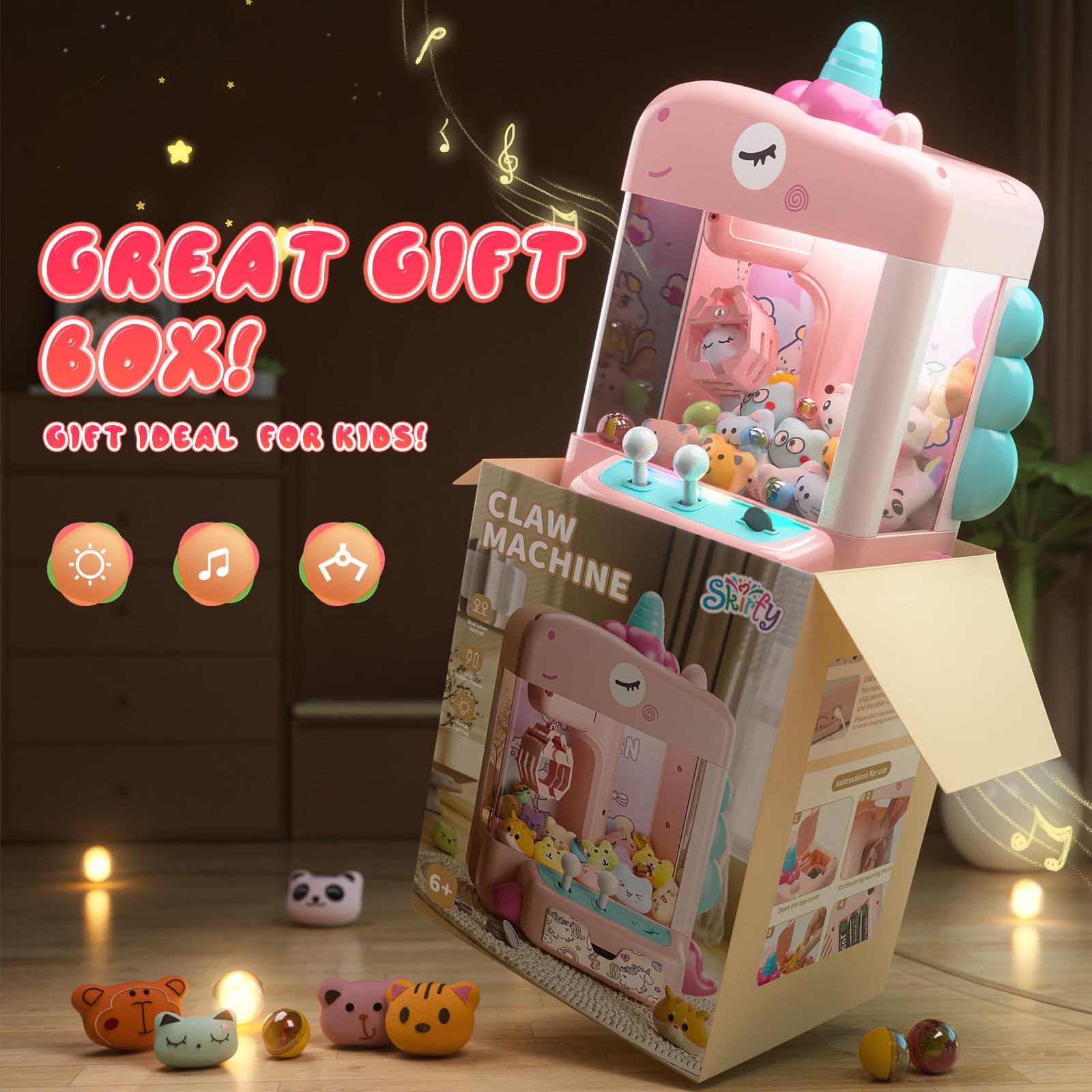 Skirfy Claws Machines for Kids Age 6+, Mini Vending Machines Girls Unicorns Toys with Sound & 20 Mini Plush Toys,Arcades Game Indoor Toy for Home Party Birthday