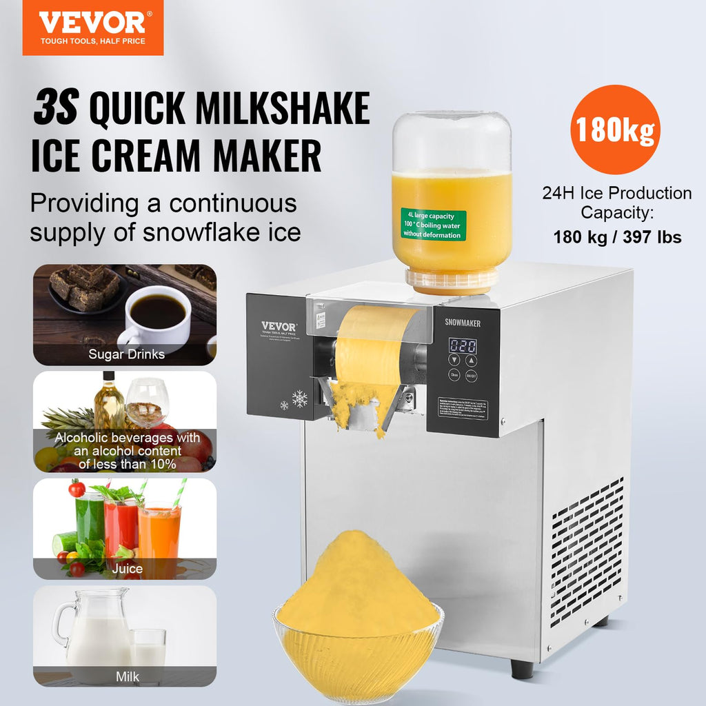 VEVOR Commercial Snowflake Ice Machine, 397LBS/24H Snowflake Ice Maker, Stainless Steel Ice Shaver Machine, Electric Snow Cone Maker, Liquid Cooling System for Rapid Heat Dissipation, Ice Cream