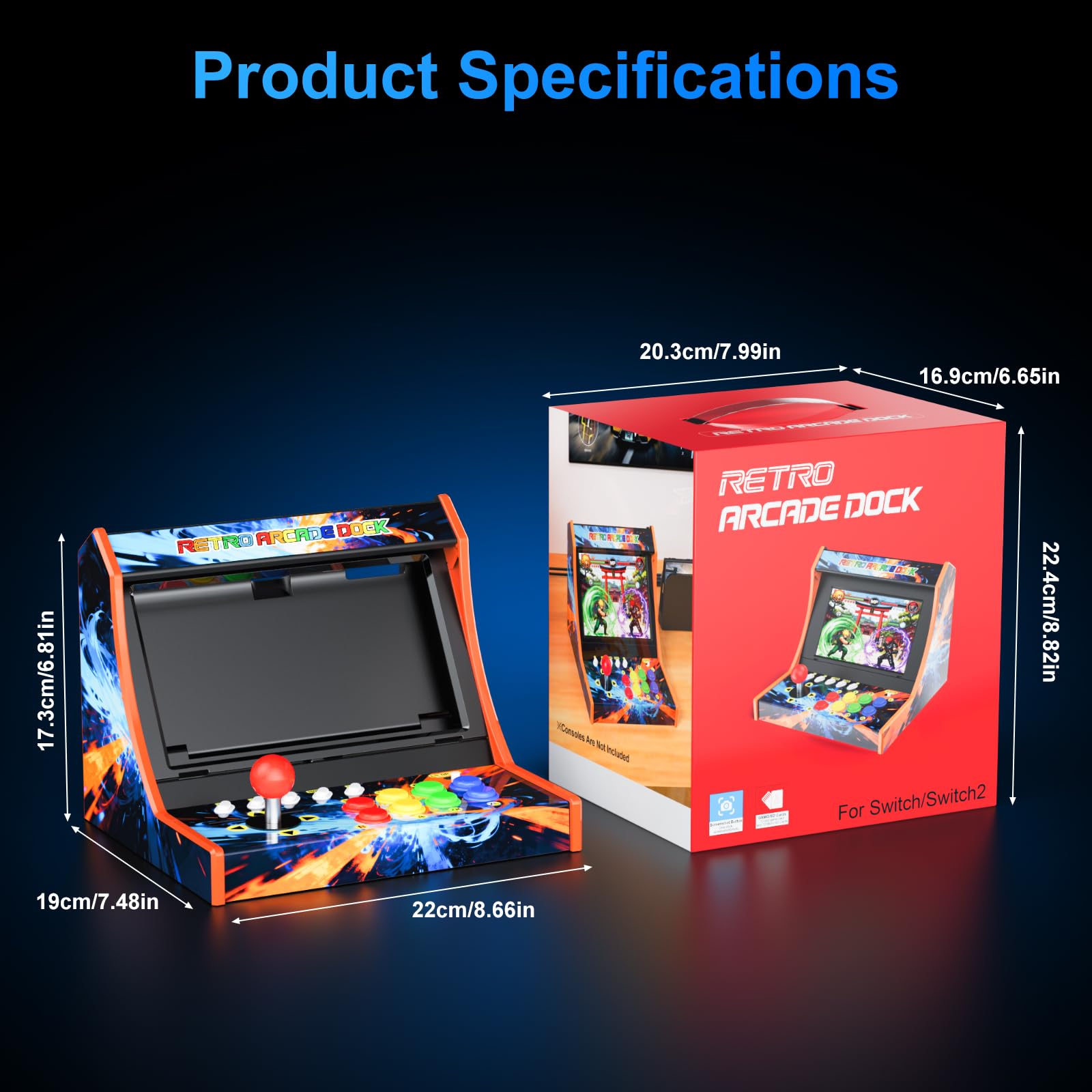 Retro Arcade Machine for Switch/OLED/Switch 2 with Screenshot Icon Button, Orange and Blue (Screen Not Included)