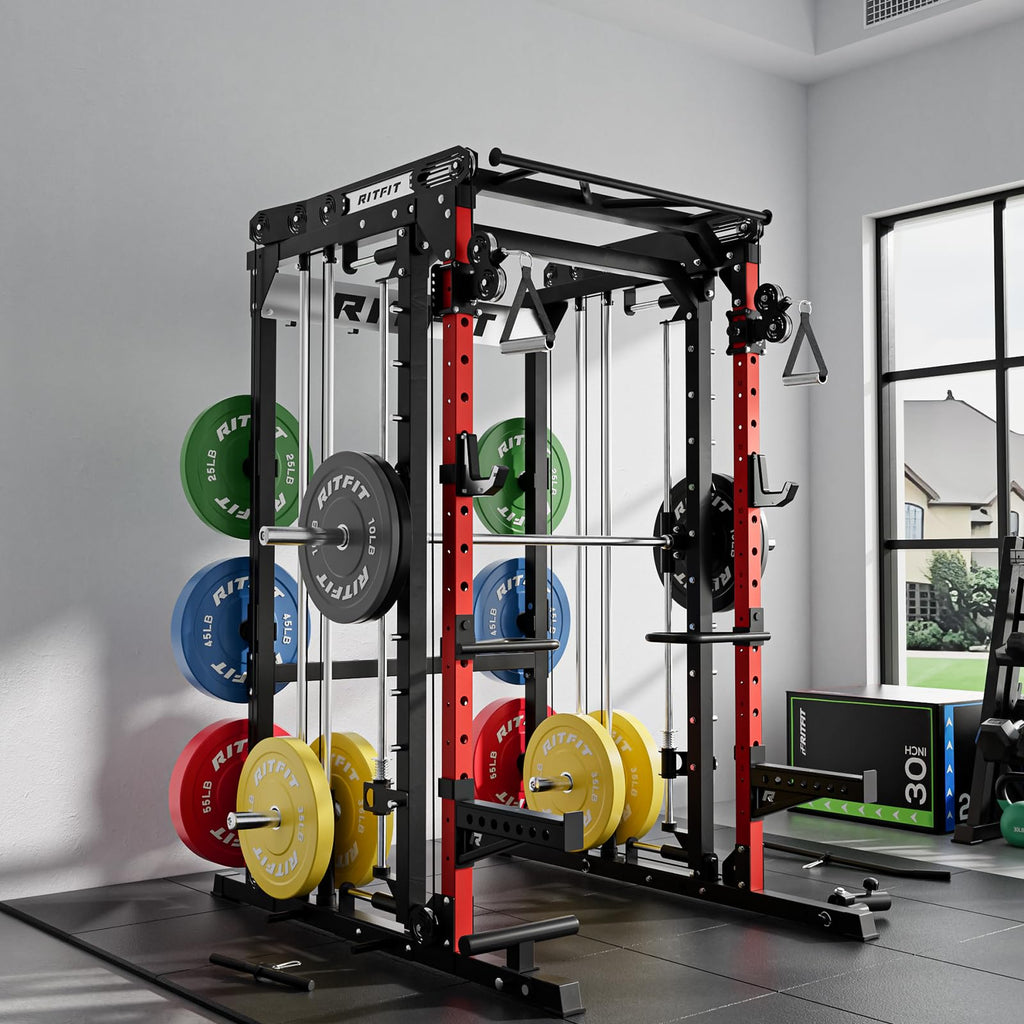 RitFit M2 3D Smith Machine & 286.6LB Built-in Weight Stack with Cable Crossover System, All in One Functional Trainer & Power Cage, 16 Adjustment Holes, 6 Storage Pegs for Full-Body Home Gym