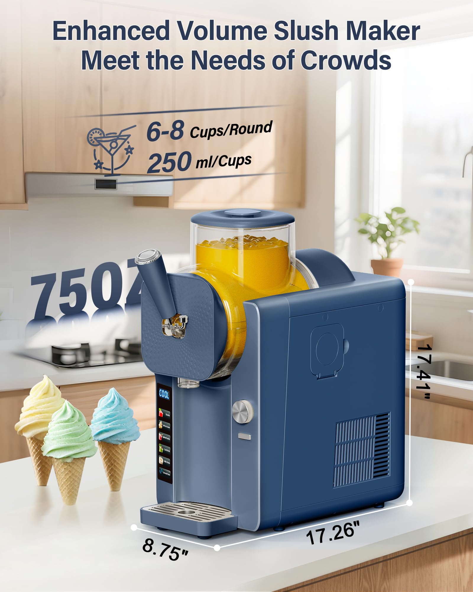 Slush Machine & Ice Cream Maker Machine 2-IN-1, 6 Modes for Smoothies, Milkshakes, Cocktails, Margarita, and Ice Cream, Double-Layer Tank, With Ice Cream Cone Holder, Self-Cleaning, For Home Use