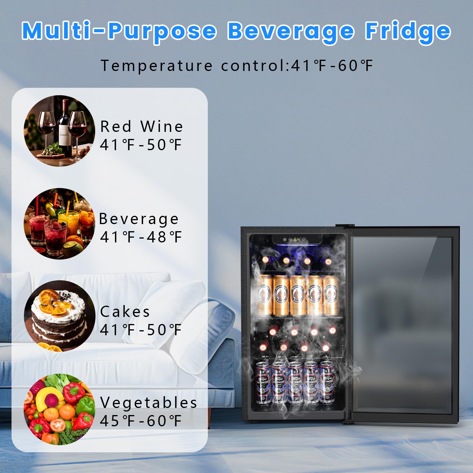 Electactic 50 Cans Beverage Refrigerator Cooler, 1.3 Cu.ft Mini Fridge Countertop Drink Cooler with Glass Door for Beer, Soda,Wine, Adjustable Digital Temperature Control for Home Dorm Bar, Black