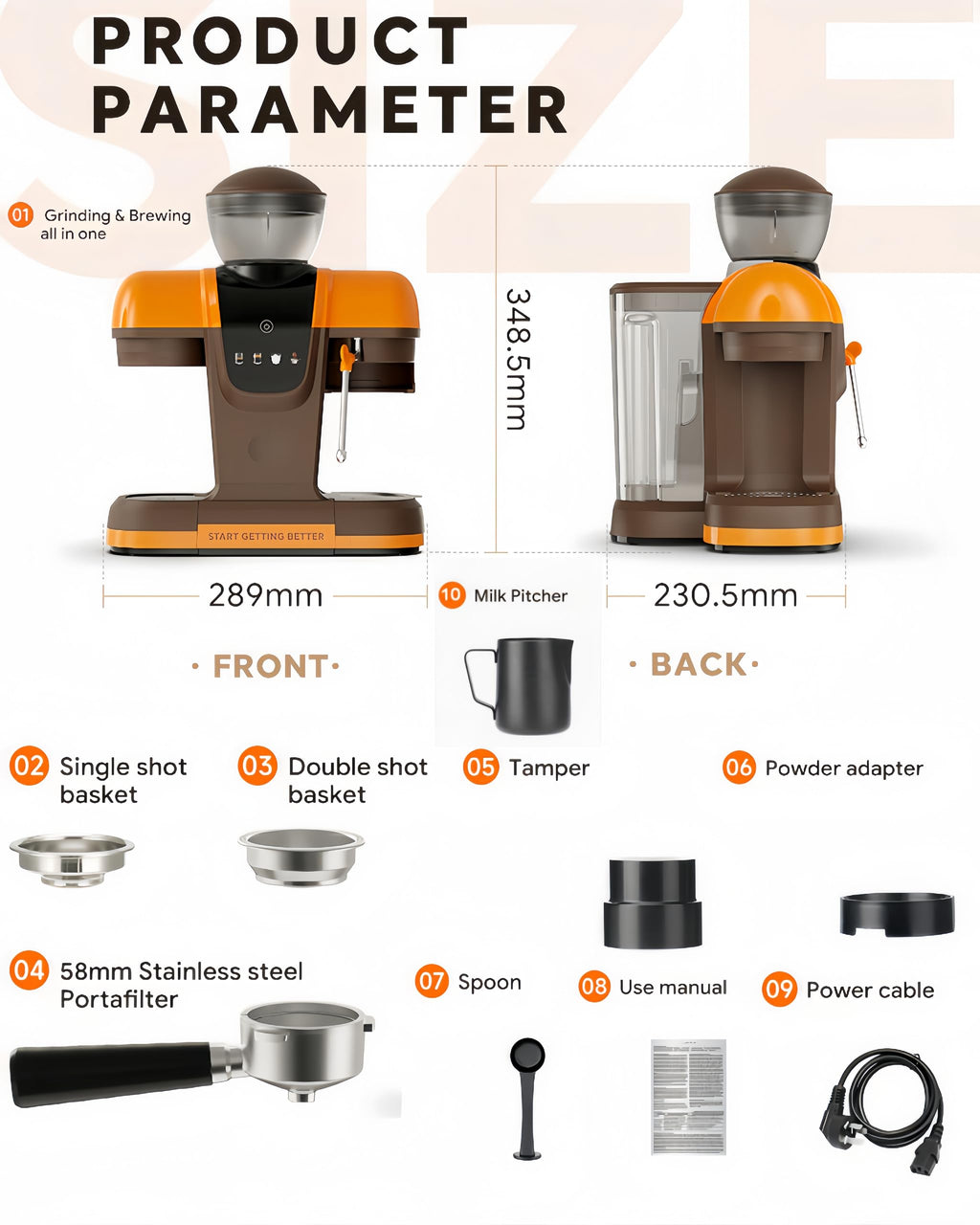 20 Bar Espresso Machine with Grinder & Steam Wand - Semi Automatic Coffee Maker, NTC Intelligent Temp Control, 58mm Stainless Steel Portafilter, One-Touch Panel for Home Barista (BLACK)