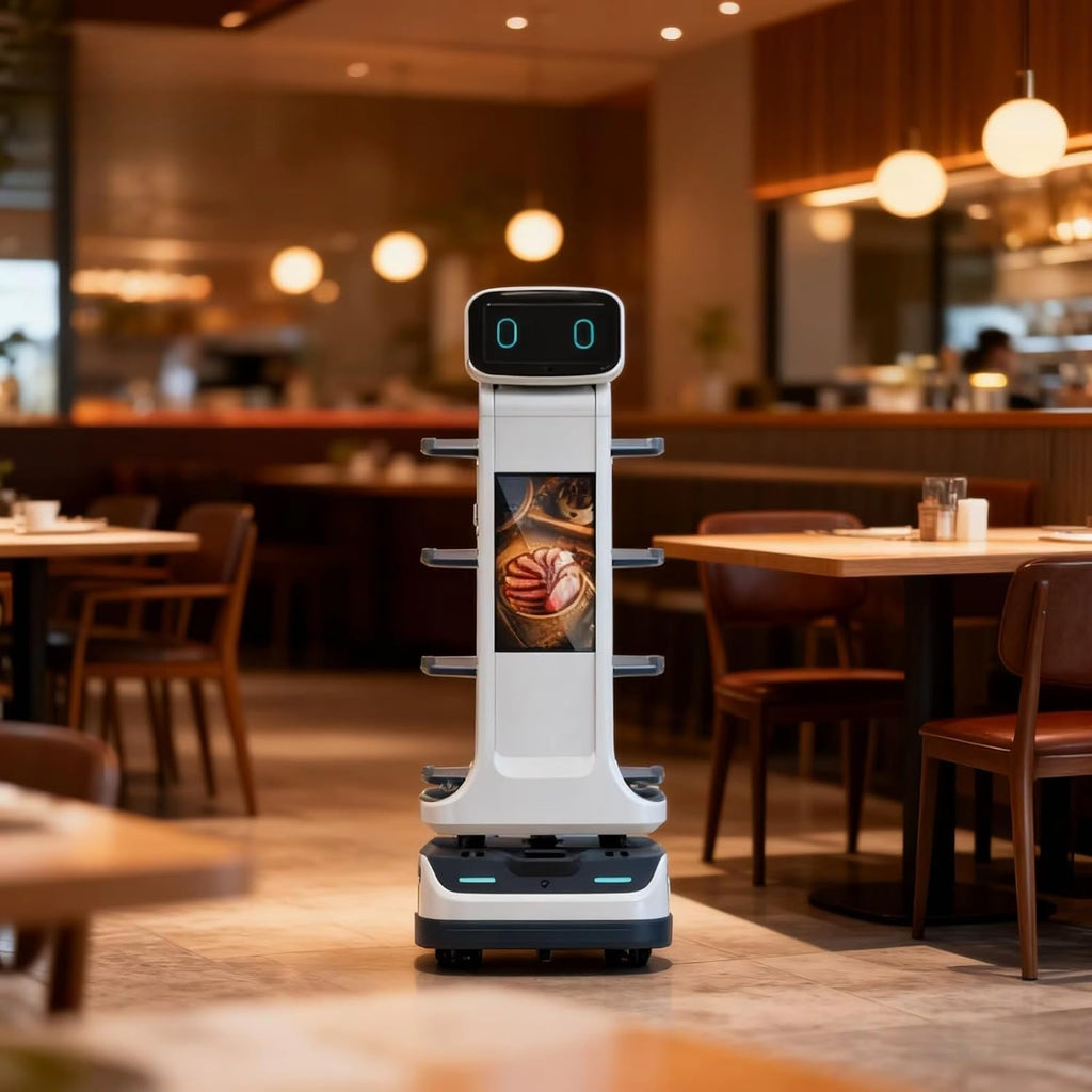 Autonomous Restaurant Service Robot – Smart Waiter for Food & Drink Delivery, Contactless Commercial Meal Server, Large Tray Collection, Automatic Obstacle Avoidance, Self-Charging, Indoor Navigation
