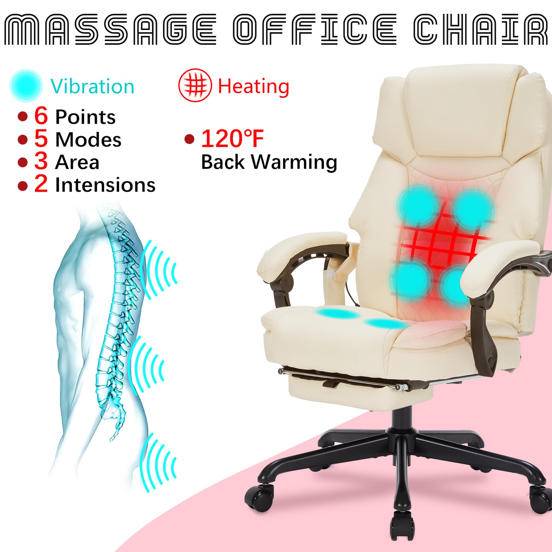 Massage Office Chair with Foot Rest 6 Points Vibration and Heat Home Office Desk Chairs for Heavy People 400lbs Reclining Managerial Chairs Ergonomic Executive Chair (Black)