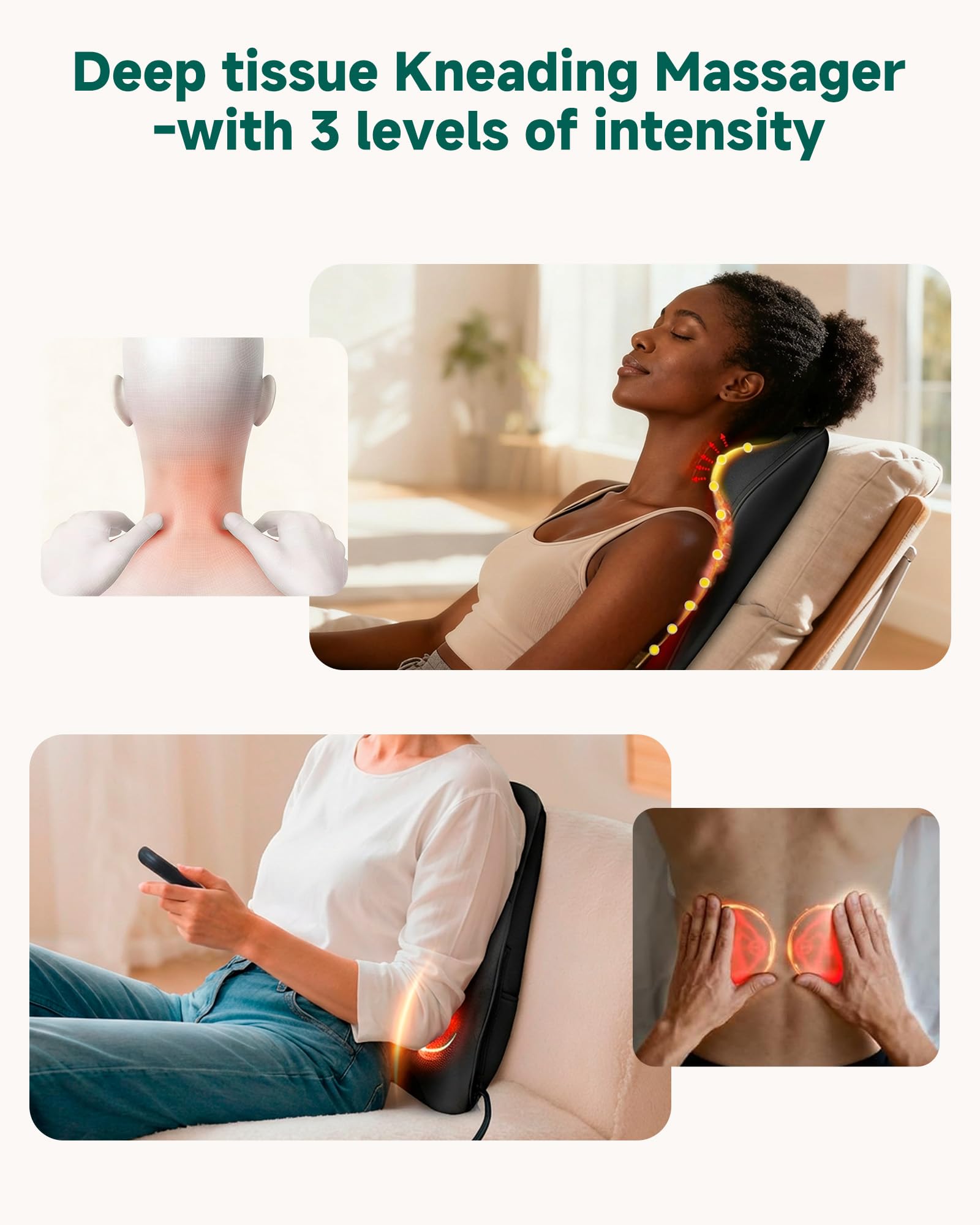Snailax Back Massager with Heat – 3D Shiatsu Massage Pillow for Neck & Back, Fixed Kneading Nodes, Chair & Sofa Use, Gift for Mom, Dad, Women & Men