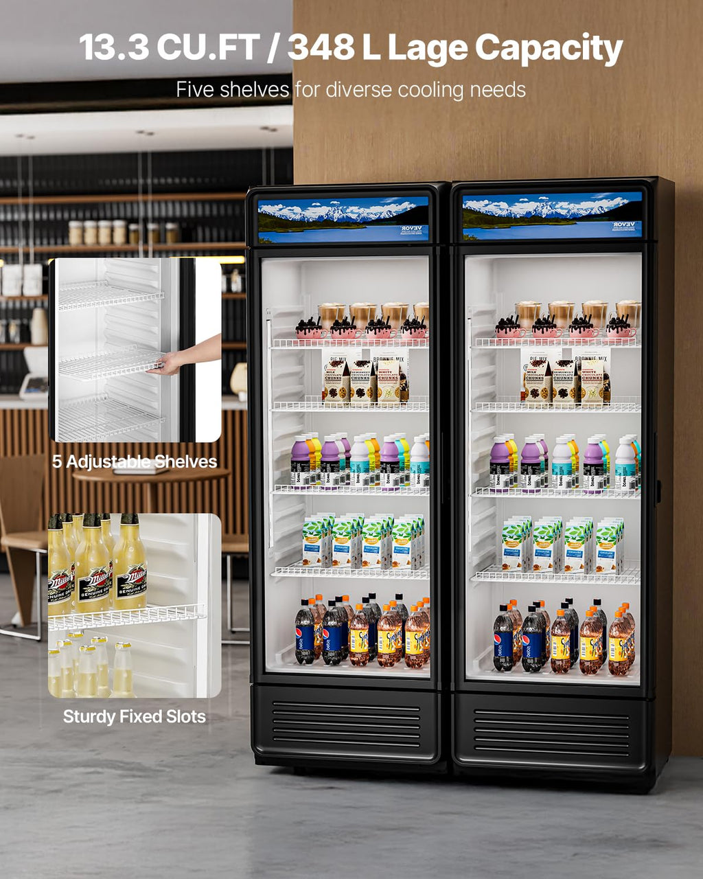 VEVOR Commercial Merchandiser Refrigerator, 6.9 Cu.Ft / 195L Glass Door Display Refrigerator, Upright Beverage Cooler Fridge with 4 Adjustable Shelves, Soft LED Light & Casters for Homes Shops Bars