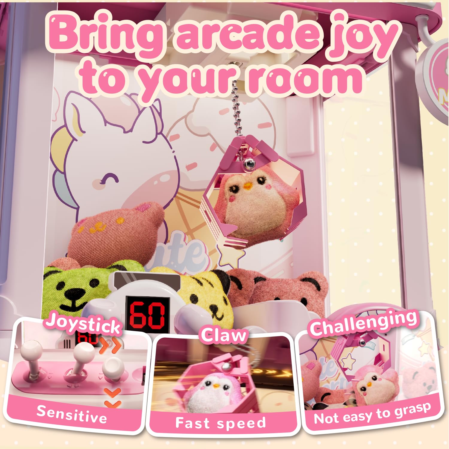 Unicorn Claw Machine for Kids, Arcade Prize Grabber with 20 Mini Plush Toys and 20 Capsules, 3-Lever Controls, Lights and Music, Gift for Ages 3 and Up